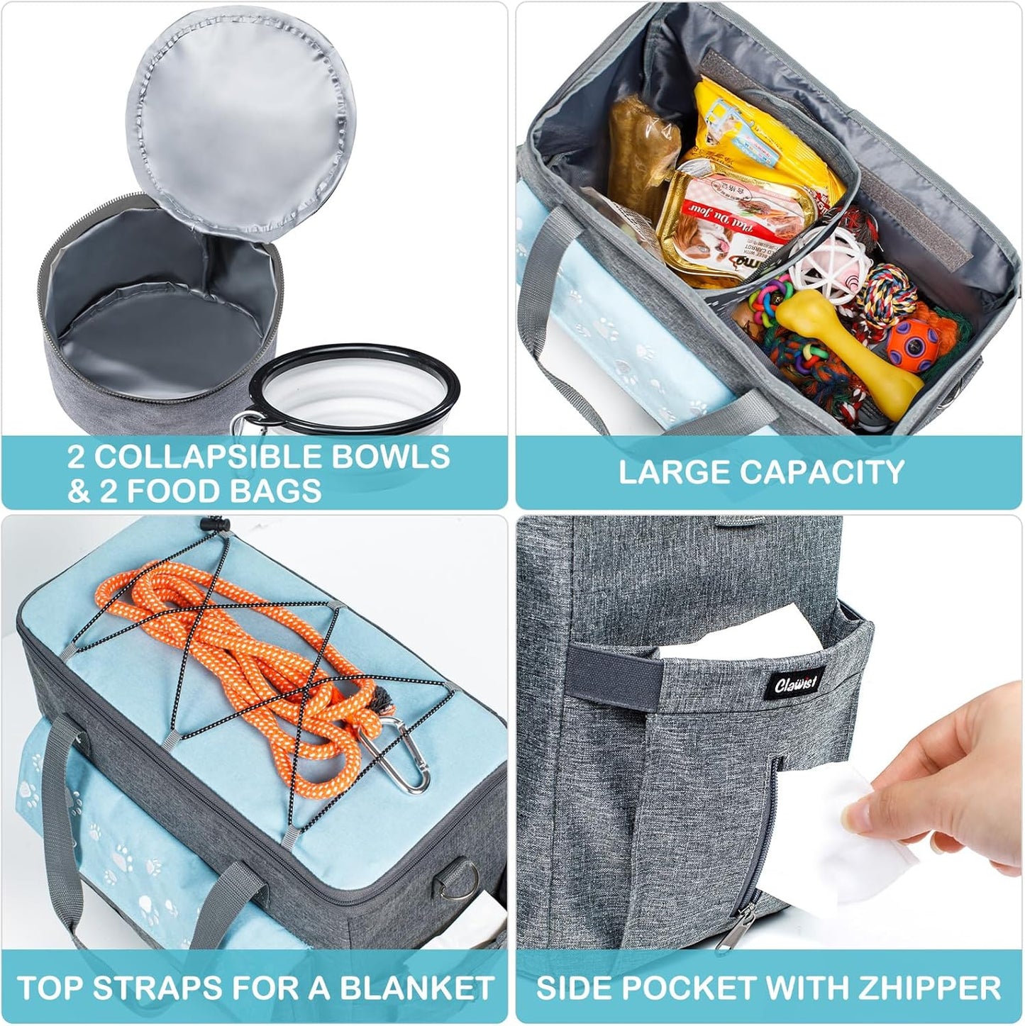 Dog Travel Bag, Airline Approved Dogs Bags for Traveling, 2 Dog 's Food Travel Container and Collapsible Bowls, Weekend Pet Travel Bags (X-Large)