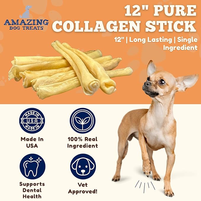 Amazing Dog Treats - Large Collagen Stick - (12 Inch - 4 Count) - Beef Cheek Rolls for Dogs - 100% Pure Collagen Sticks - No Hide Bones