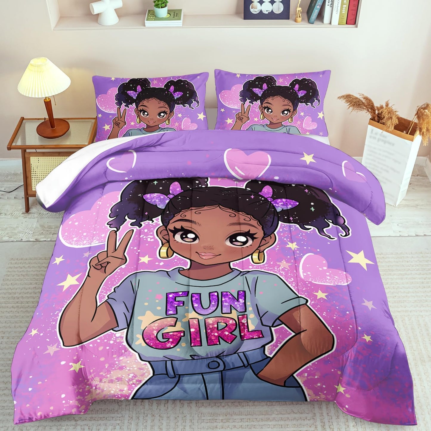 African American Black Girl Comforter Set King Size,Cute Black Girl Bedding Set King for Kids,Kawaii Heart Comforter Purple Bedding Decor for Teen,Purple Bed Quilt