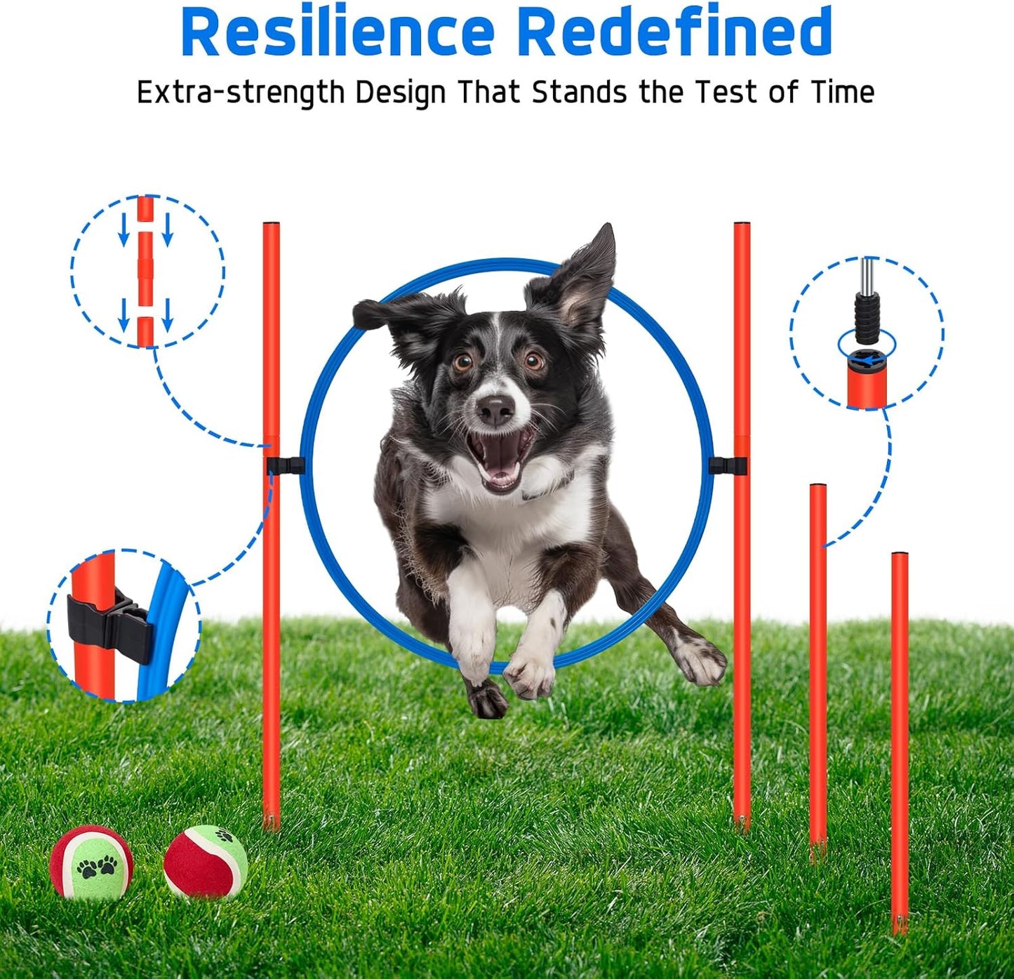 Polar Aurora Dog Agility Equipment, Dog Obstacle Courses Backyard - Pet Outdoor Games w/Adjustable High Jump, Agility Weave Poles, Tunnel, Jumping Ring, Pause Box, 2 Balls,Whistle and Carrying Bag