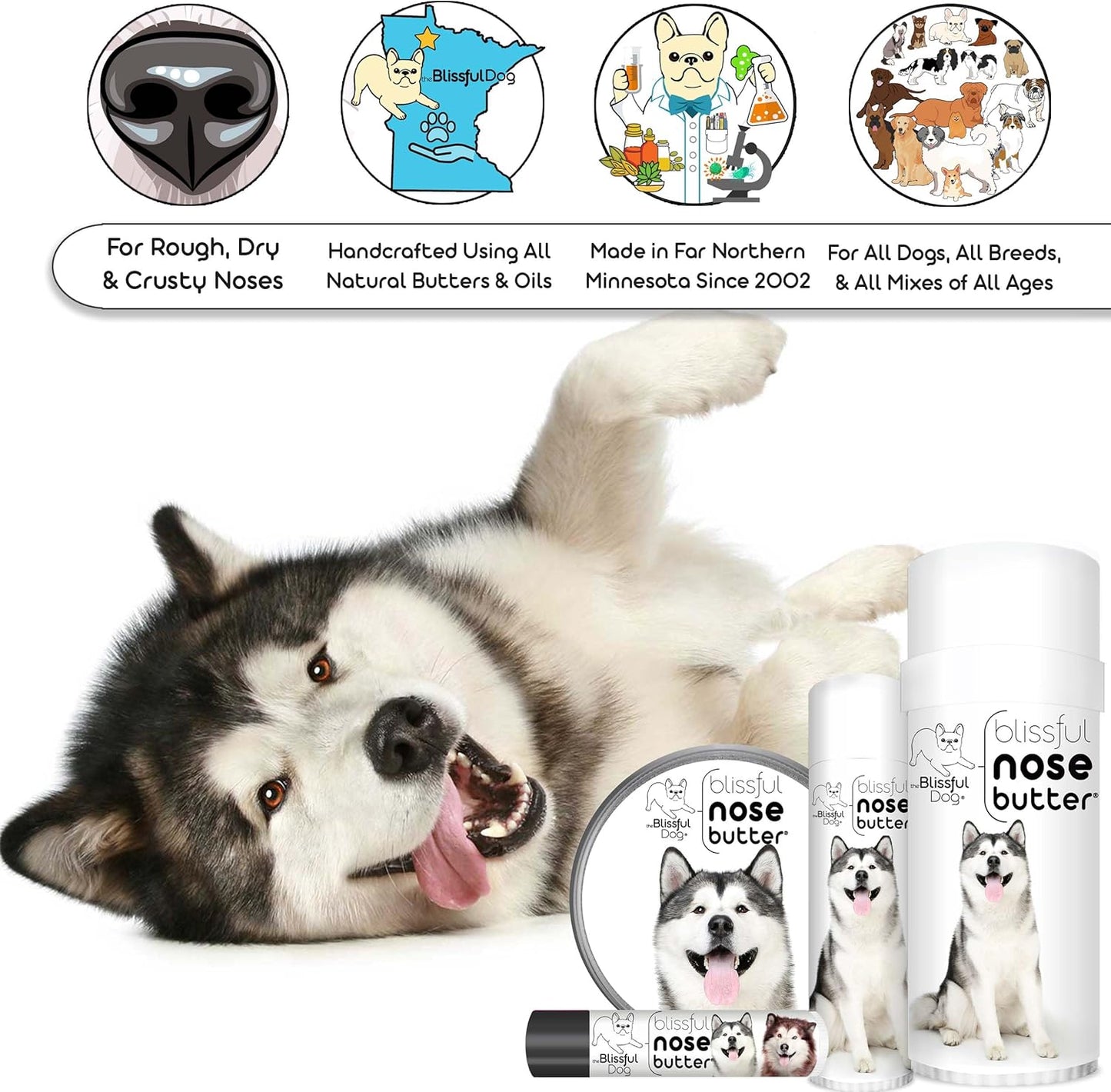 The Blissful Dog Malamute Nose Butter for Dry, Cracked Skin, Lick-Safe Dog Nose Balm with Moisturizing Shea Butter, Almond, Olive, and Essential Oils, Pet Supplies, Uncented, 1 oz.