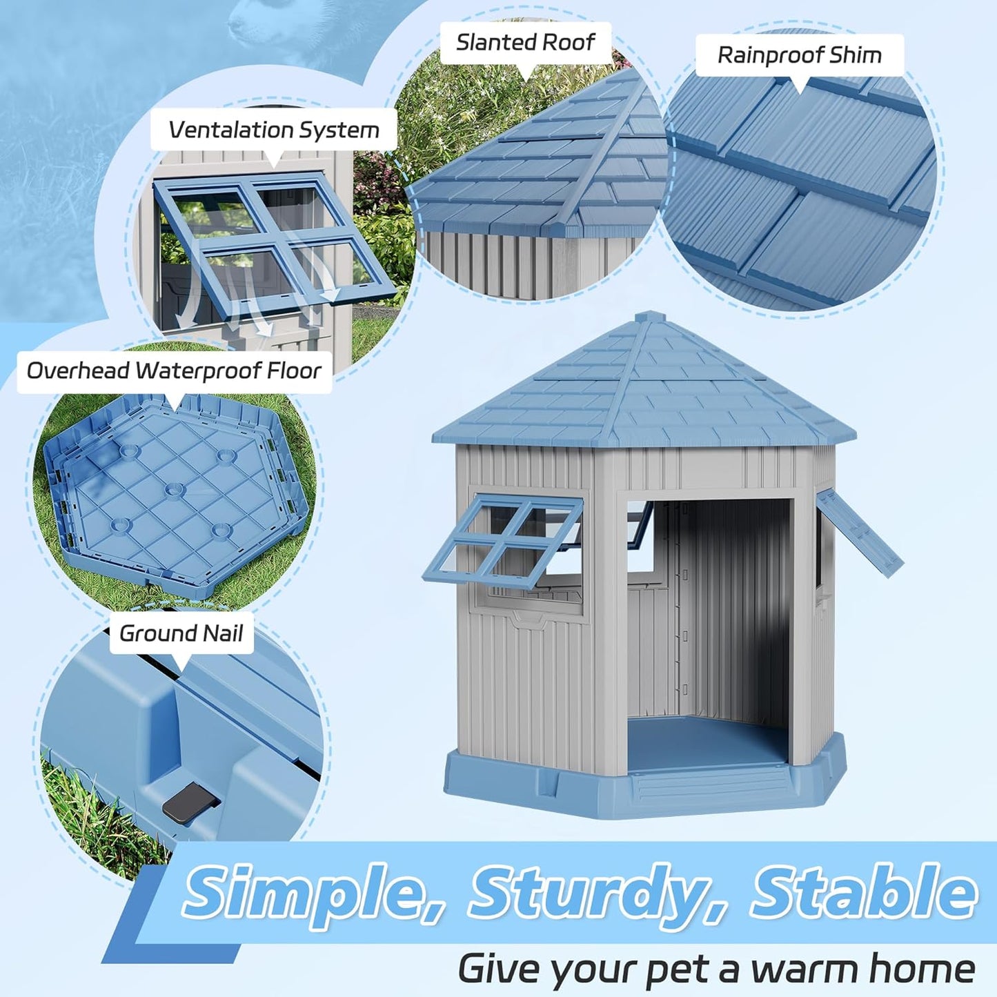 Durable Dog House Indoor Outdoor for Small Medium Dogs, Weatherproof Puppy Shelter with Elevated Floor & Air Vents, Easy Clean and Assemble (Blue, 36.61L*29.5W*37.4H)