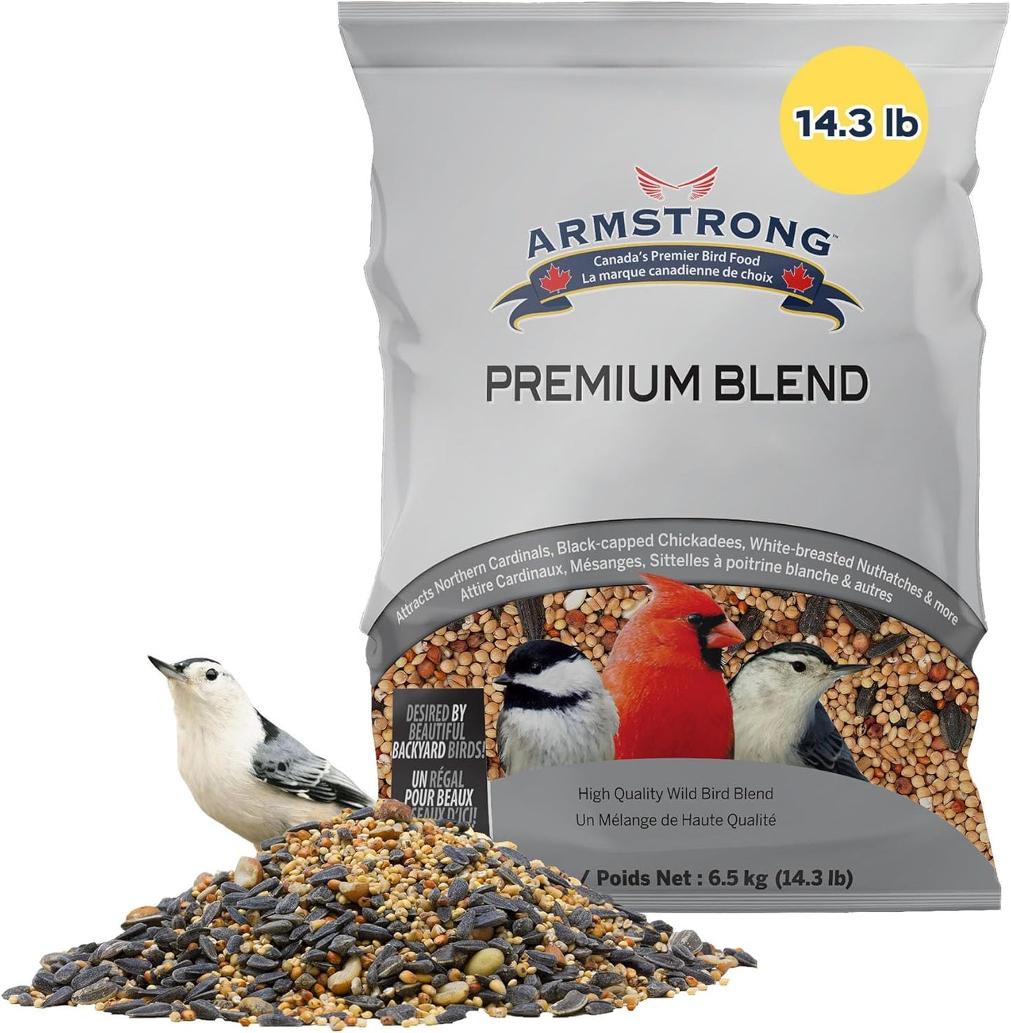 Armstrong Wild Bird Food Premium Blend, 14.3 Pounds - with White Millet, Black Oil Sunflower, Wheat, Peanuts, Striped Sunflower and Safflower for Northern Cardinals and Black-Capped Chickadees