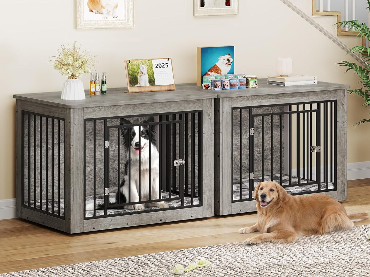 YITAHOME 76 Inch Double Dog Crate Furniture, XXL Dog Crate Furniture for 2 Dogs, Side End Table, Waterproof Top, Safety Corners, 2-in-1 Iron-Wood Fusion Dog Kennel Furniture for 2 Large Dogs,Greige