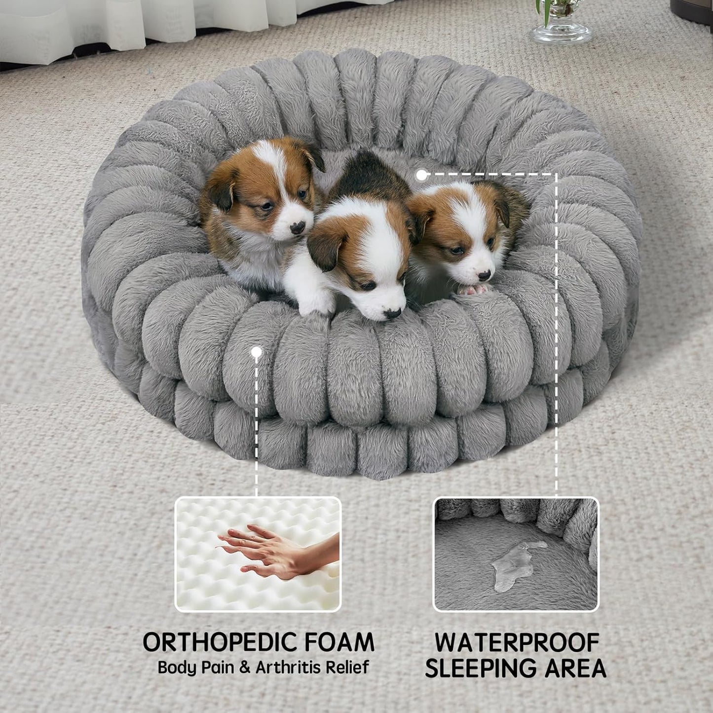 BALANCE Luxury Donut Dog Bed, 23 Inches Round Dog Beds for Small Dogs Washable, Orthopedic Calming Pet Bed for Puppy and Cats with Anti-Slip Bottom, Gray