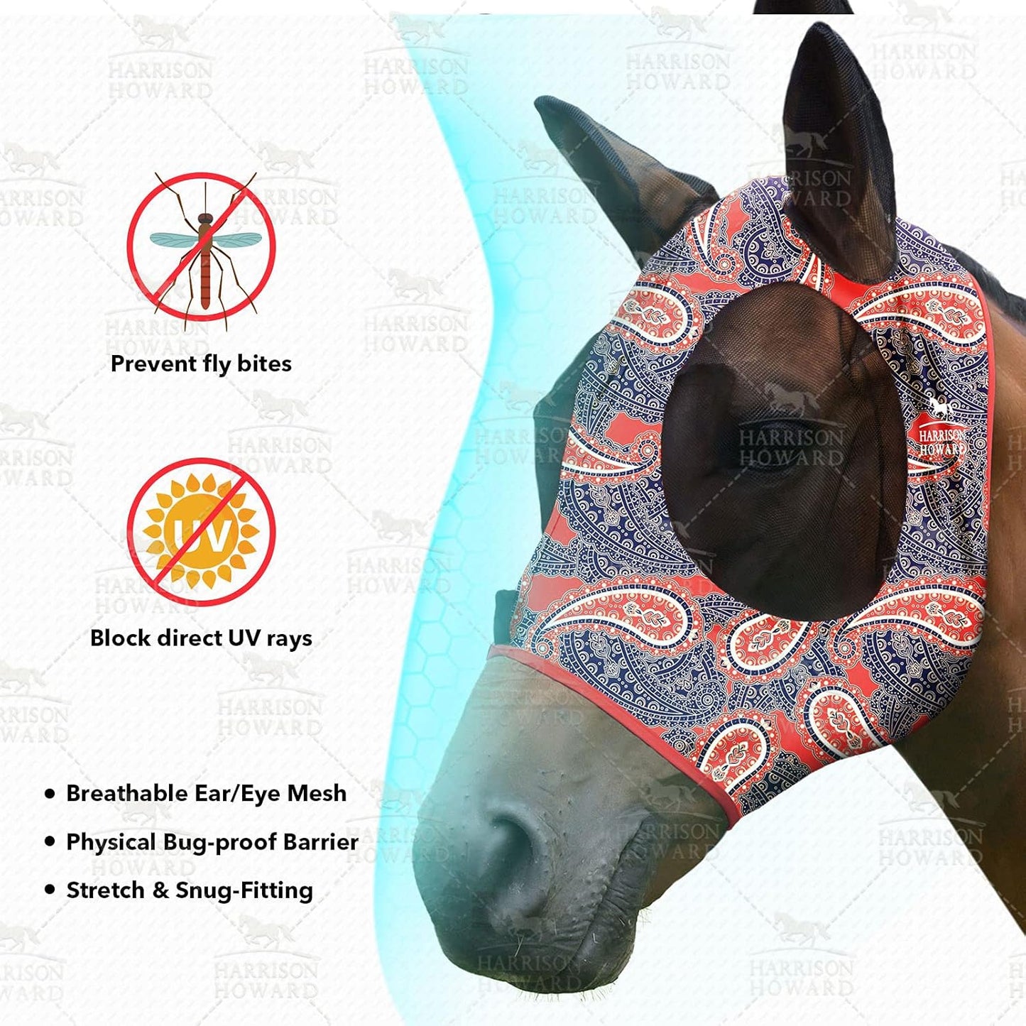 Harrison Howard Super Comfort Stretchy Fly Mask Large Eye Space with UV Protection Soft on Skin with Breathability Orange Paisley M Cob