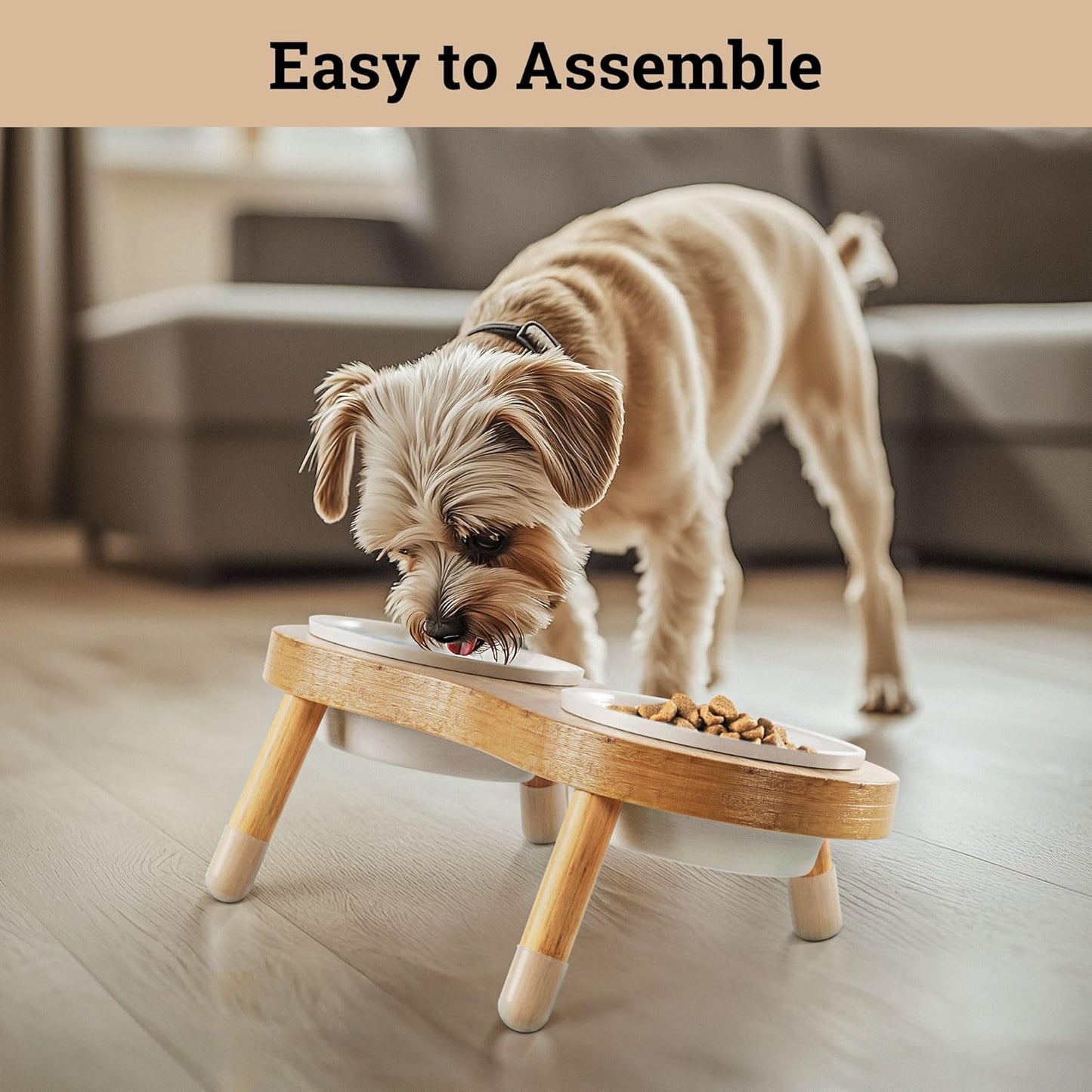 Elevated Cat Bowls - Set of 2 Ceramic Pet Food Bowls with Anti-Slip Bamboo Stand - 15 Degree Titled - Raised Dog Bowl for Small Dogs - Raised Cat Bowl Stand - Pet Feeding Station for Cats & Small Dogs