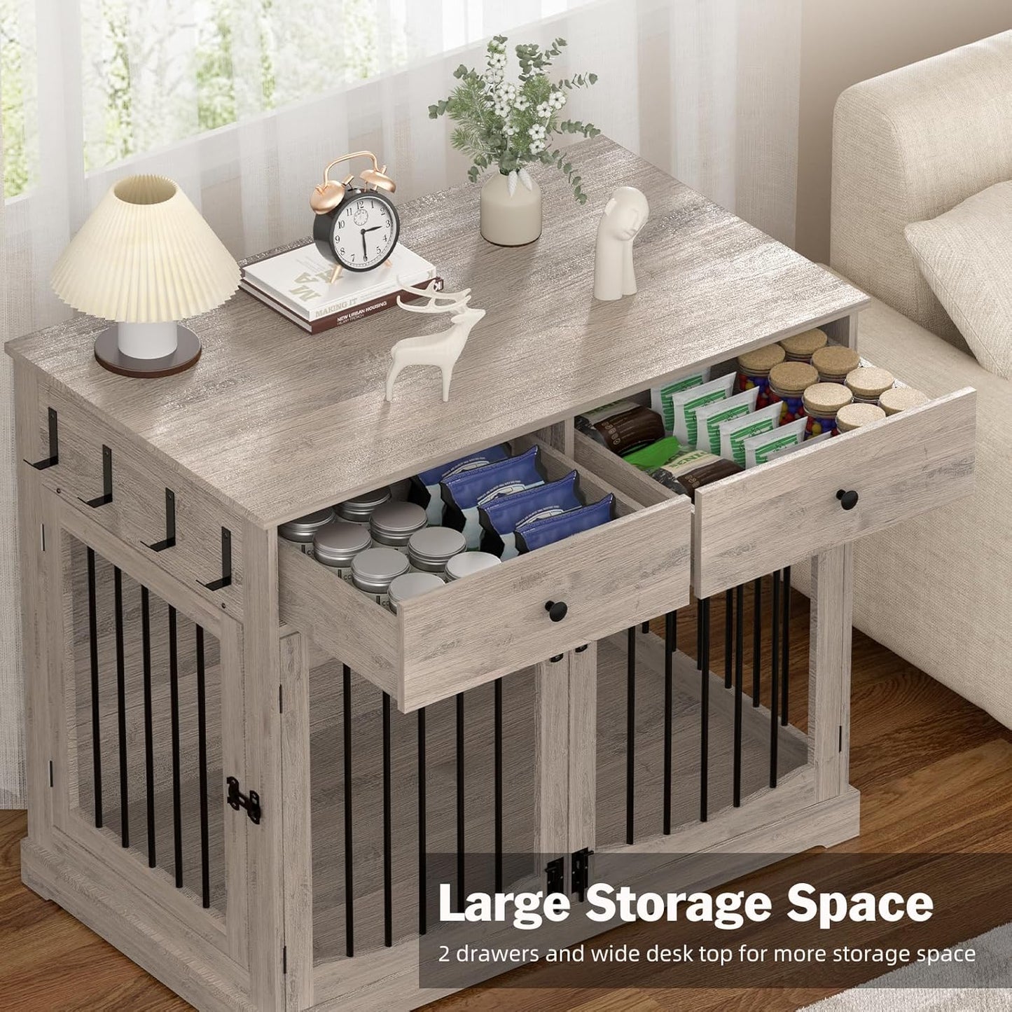 40 Inch Furniture-Style Dog Crate-Multipurpose Wood Pet Crate Furniture with Double Doors,2 Drawers, Decorative Dog House Indoor for Smal/Medium Dogs, Gray Finish