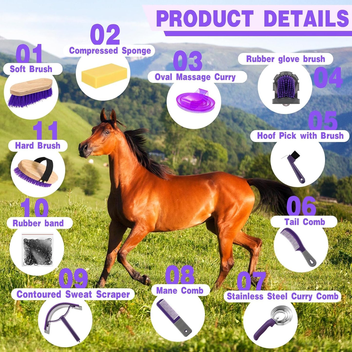 Abbylike 12 Pieces Horse Grooming Kit Racing Festival Tack Room Supplies Horse Brush Sets Equine Care Cleaning Kit Shedding Grooming Massaging Tools(Gray and Purple)