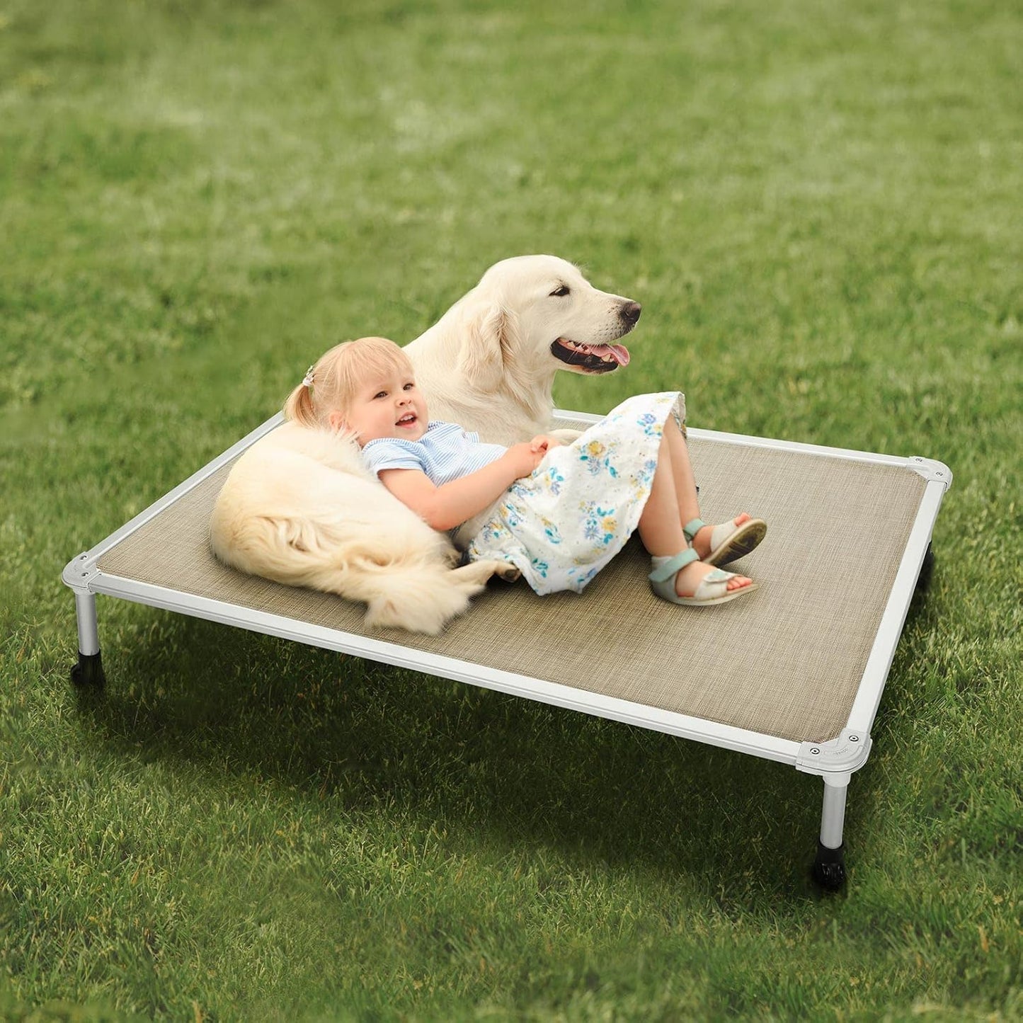 Veehoo Chew Proof Elevated Dog Bed - Cooling Raised Pet Cot - Silver Aluminum Frame and Durable Textilene Mesh Fabric, Unique Designed No-Slip Feet for Indoor or Outdoor Use, Beige Coffee, X Large