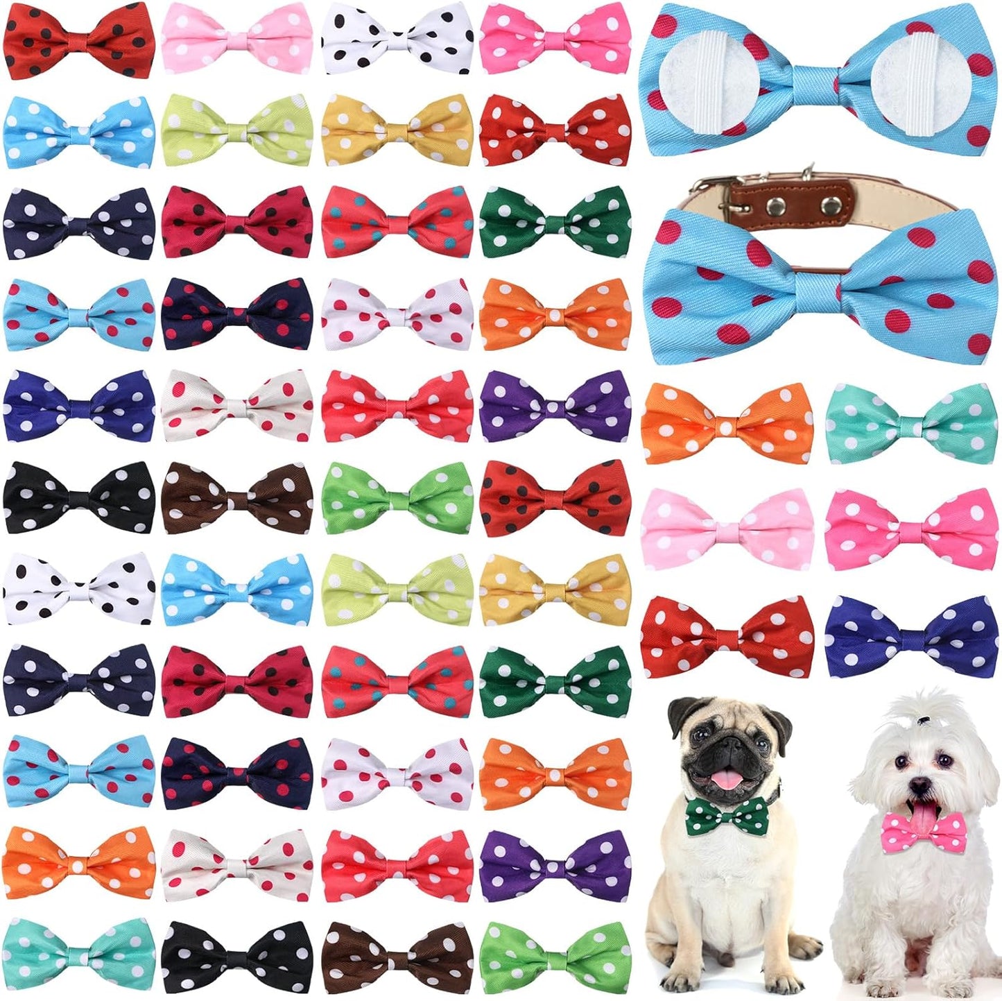 Reginary 50 Pieces Dog Bow Ties Pet Collar Bow Puppy Collar Attachment with Rubber Bands for Small Medium Cat Pet Grooming Charms Accessories Wedding Birthday Occasion (Polka Dot Style)