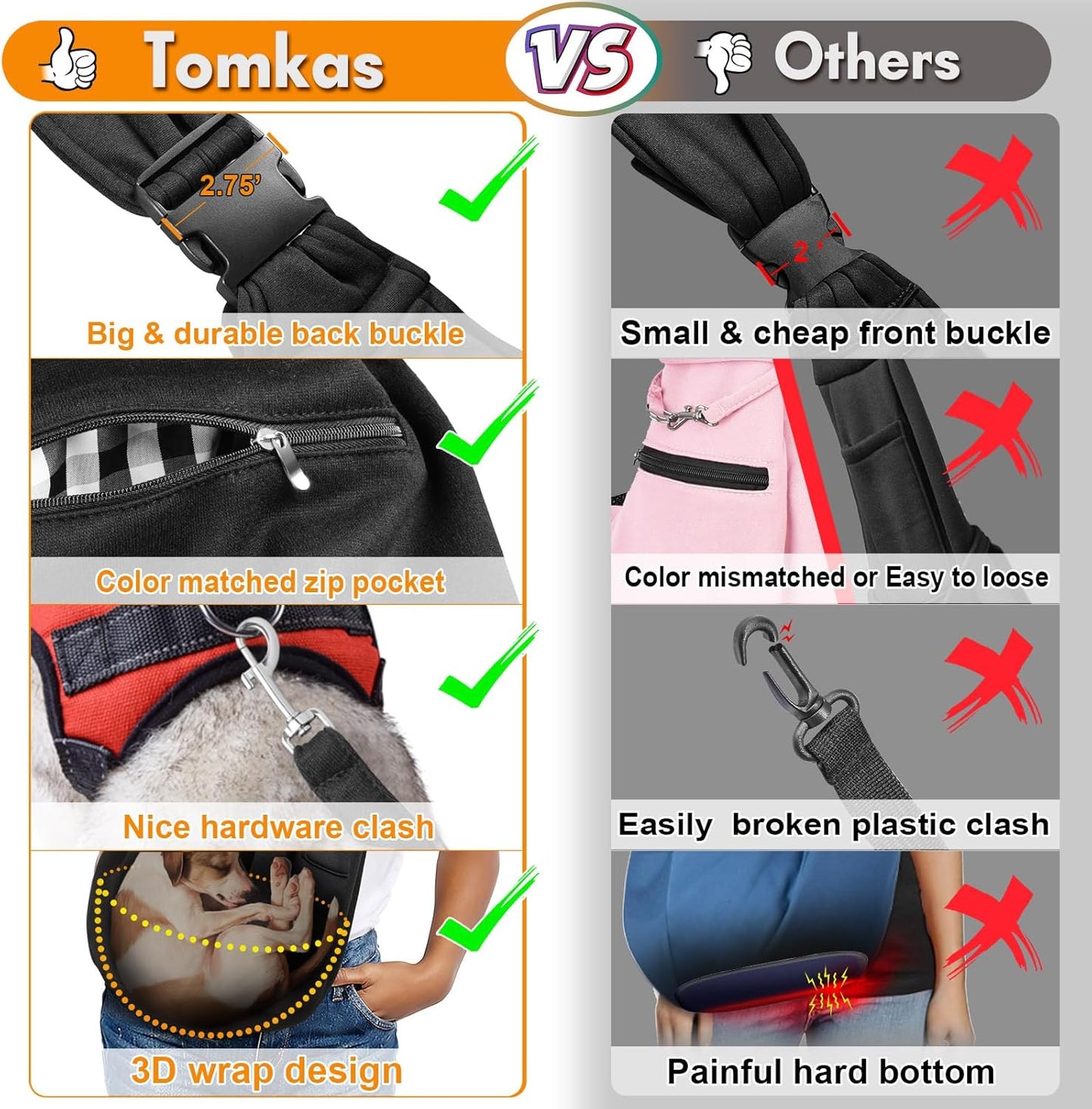 Tomkas Dog Sling Carrier for Small Dogs Puppy Carrier for Small Dogs (Black, for Pets Weight 2-7 lbs)