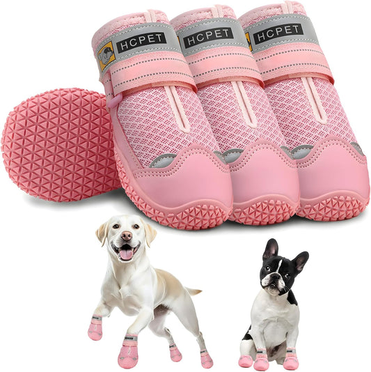 Hcpet Dog Shoes for Large Dogs, Breathable Dog Booties for Small Medium Dogs, Anti-Slip Dog Boots & Paw Protectors for Hot Pavement Winter Snow Hiking with Reflective Straps Pink Size 8