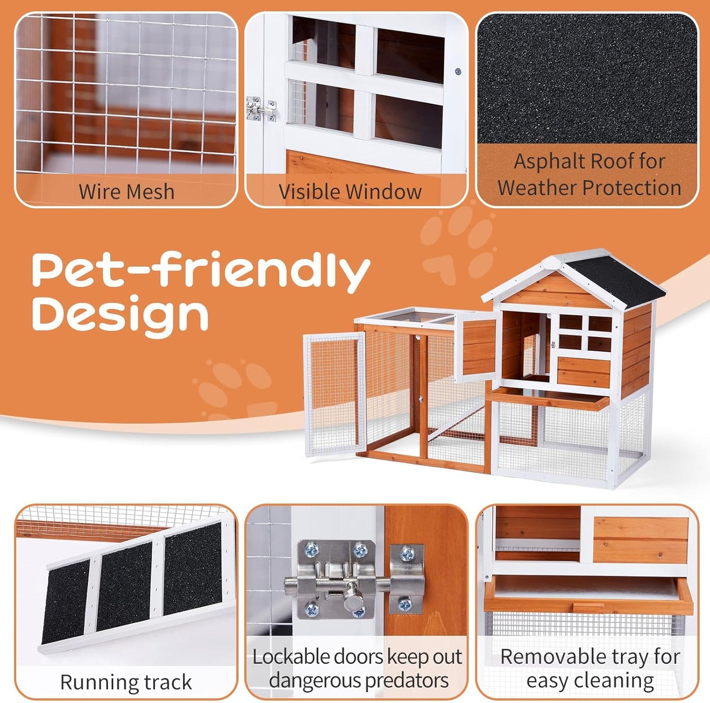 Outvita Rabbit Hutch, Small Wood Chicken Coop, 48" Guinea Pig Cage w/Pull-Out Tray, Waterproof Asphalt Roof, Chicken Run, Interactive Door for Small Animal Pen Outdoor