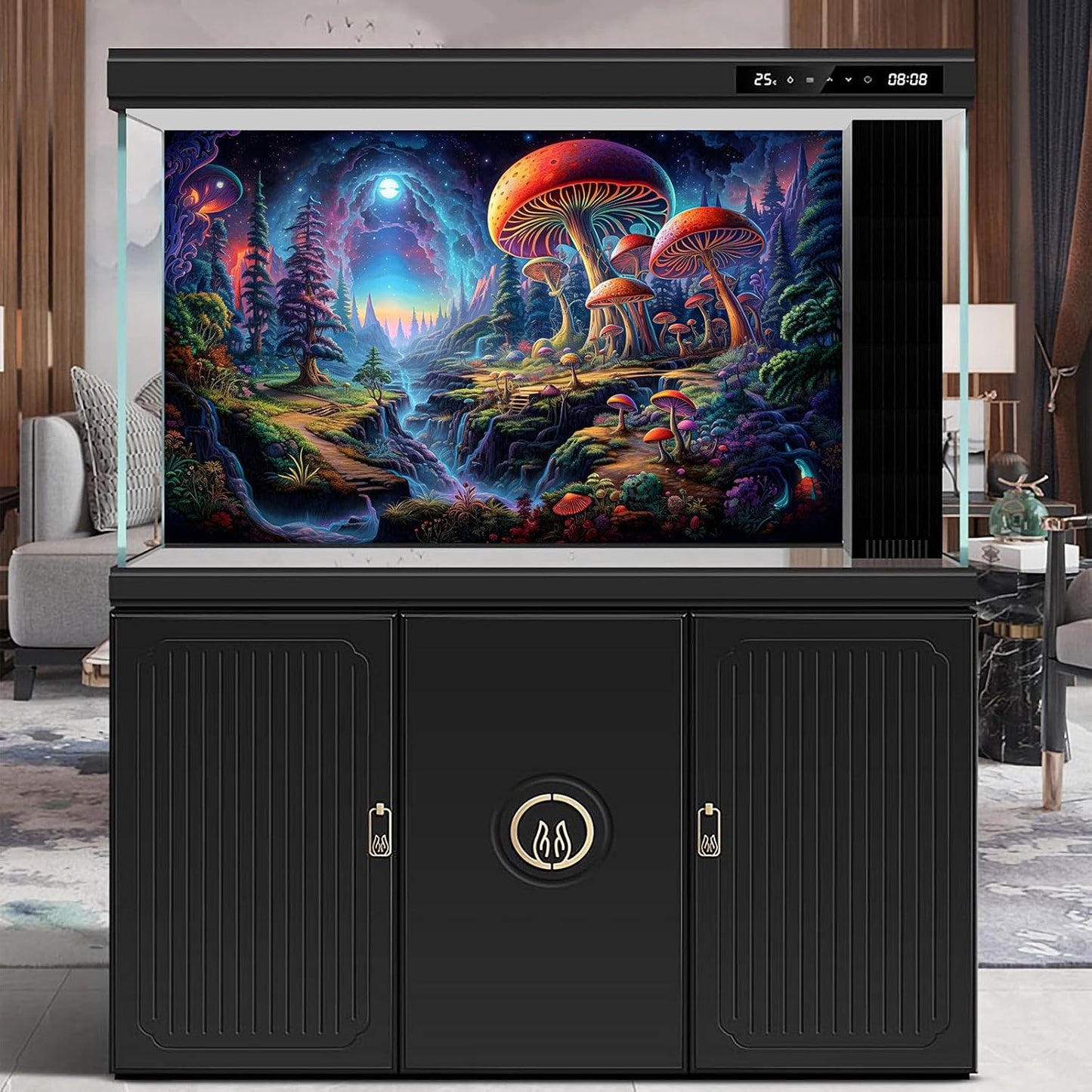 Forest Aquarium Background Fantastic Cartoon Forest Landscape with Mushrooms and Flowers Terrarium Background Fantasy Pine Tree Mysterious Mushroom Theme Fish Tank Backdrop Poster Decor 24x12in