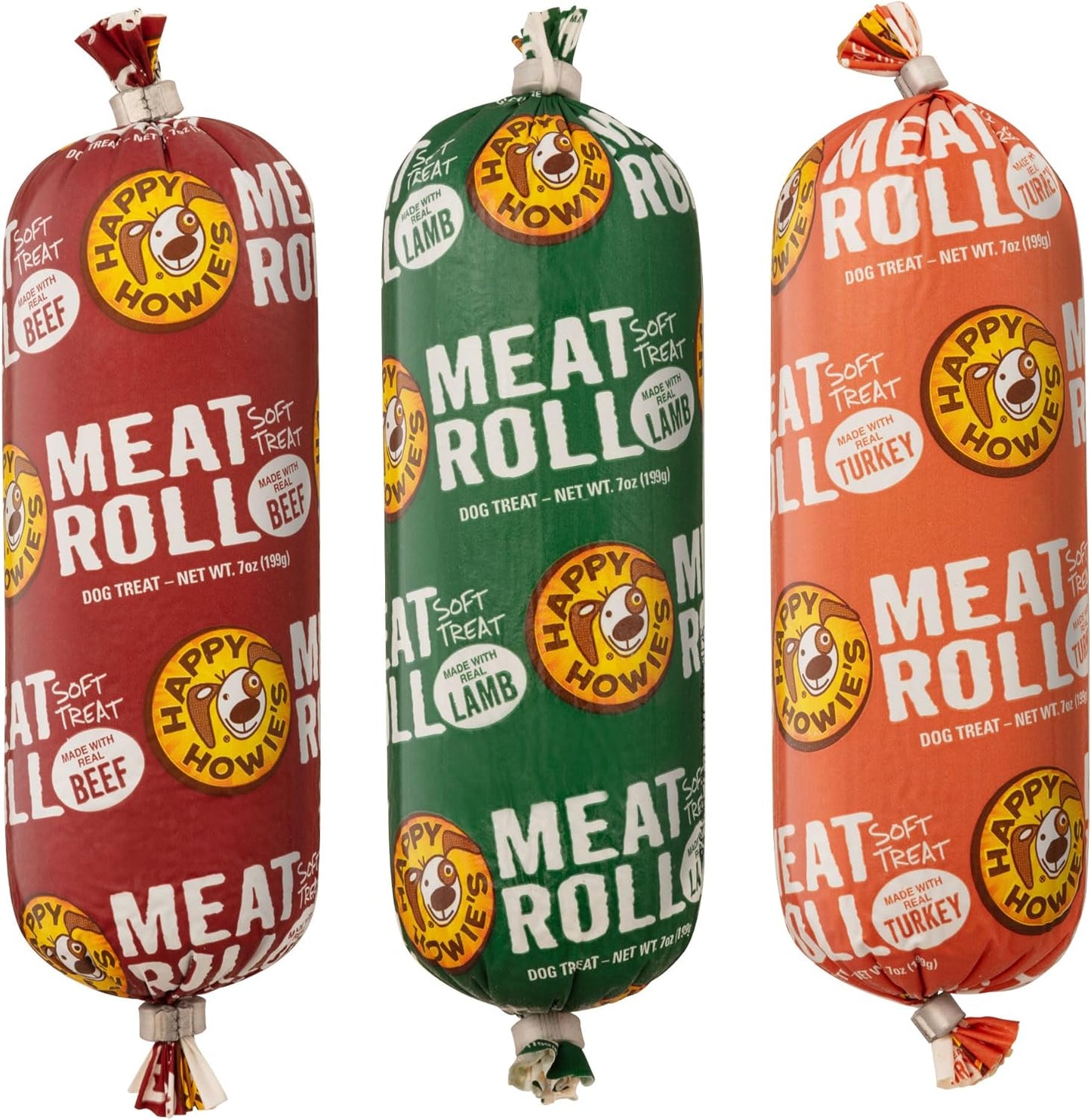 Happy Howie's Soft Meat Roll Treat - Soft Dog Food Rolls, Natural Ingredients, for All Dogs, Made in USA - Beef, Lamb, Turkey, 7 Oz (Pack of 3)