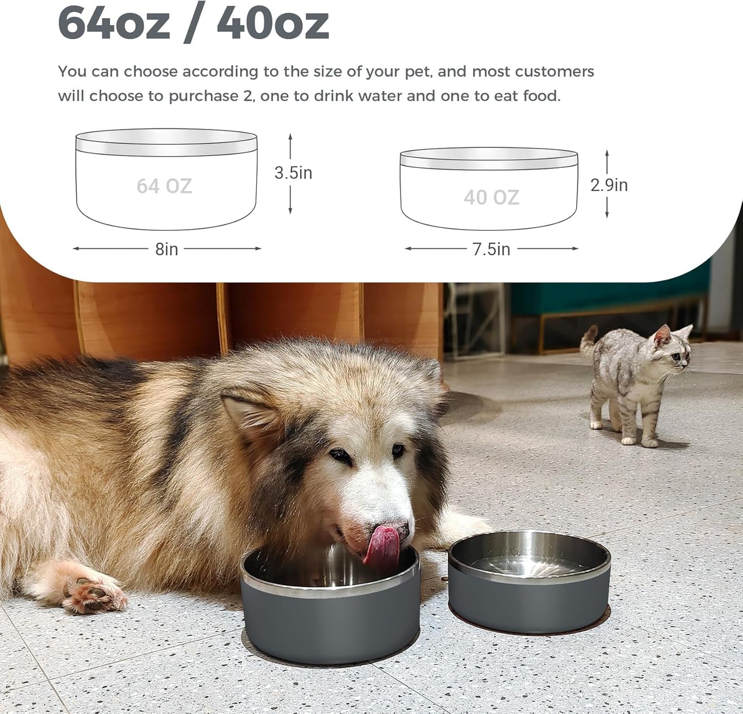 Dog Bowl, Stainless Steel Dog Food and Water Bowl with Non Slip Quiet Bottom, Easy to Clean, Dishwasher Safe, 40oz, Deep Grey