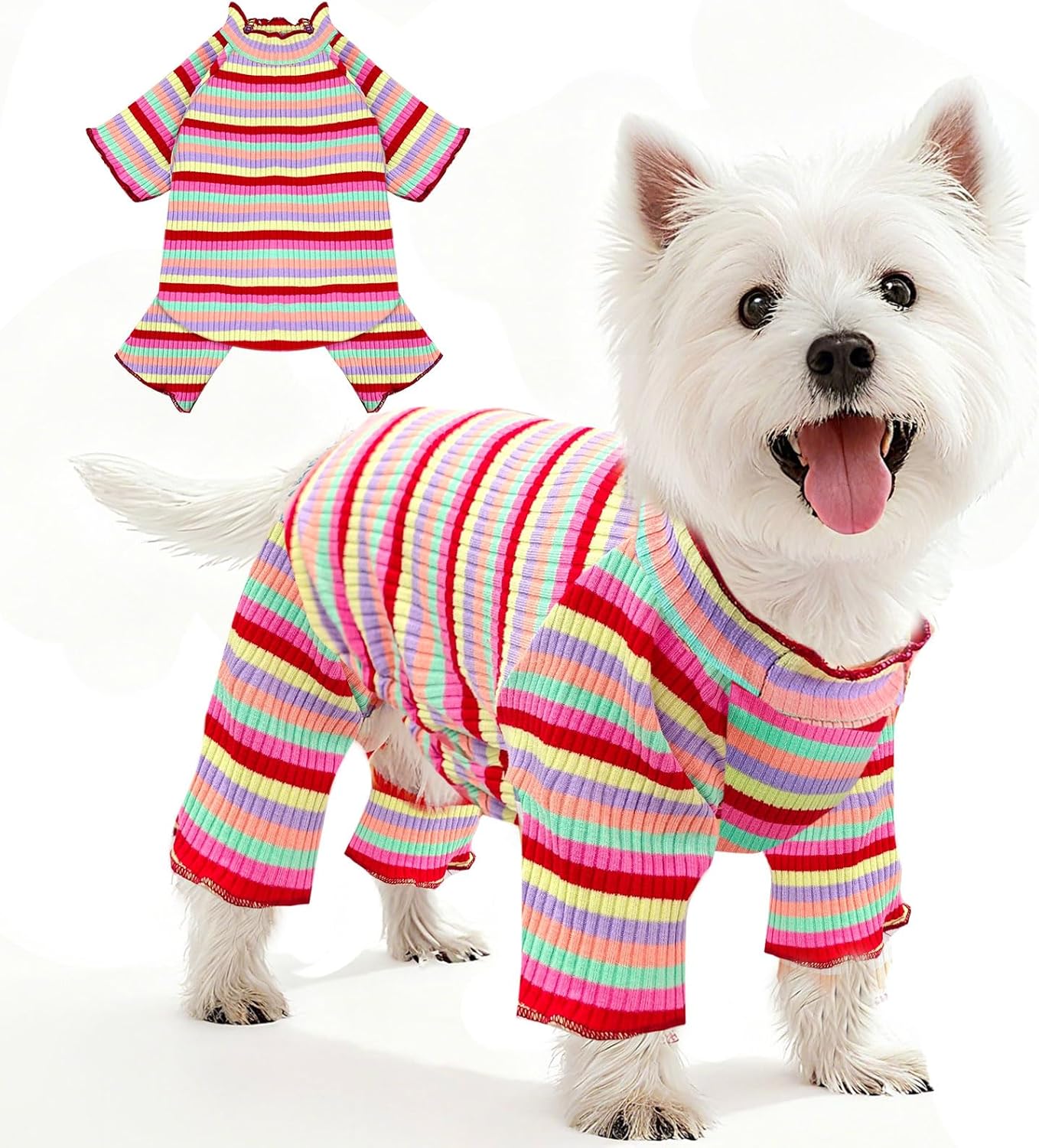 BAEJMJK Striped Dog Pajamas Stretchy Cute Four-Legged Boy Girl Dog Clothes with Sleeves Comfortable Dogs Jumpsuit Colorful Pet Puppy Outfits Apparel for Small Medium Dogs Cats(Red,X-Small)