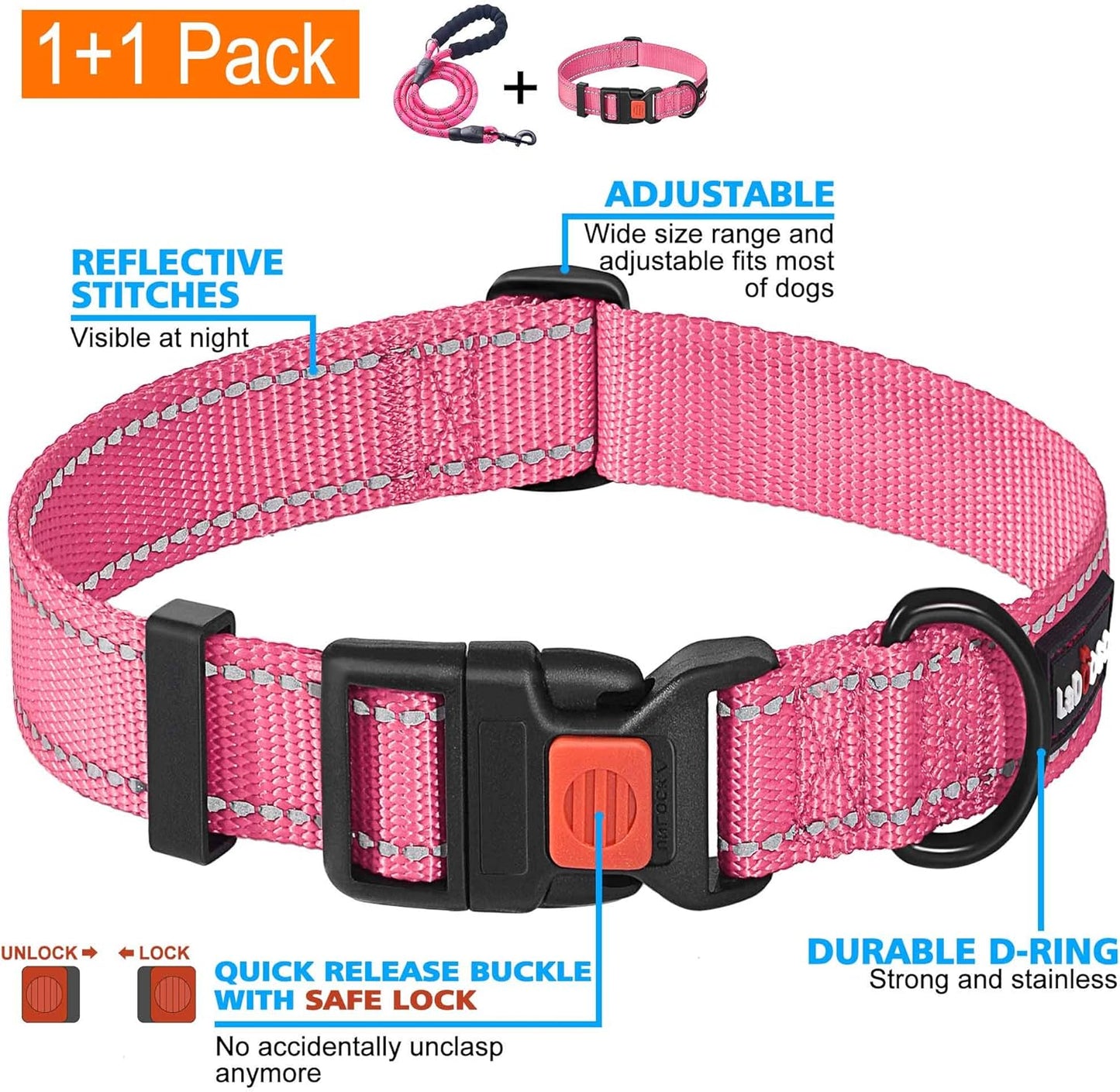 Heavy Duty Dog Leash - Comfortable Padded Handle, 5 ft Long - Dog Leashes for Small Medium Large Dogs (Leash+Collar XS Neck 10.5"-13.5", Pink)