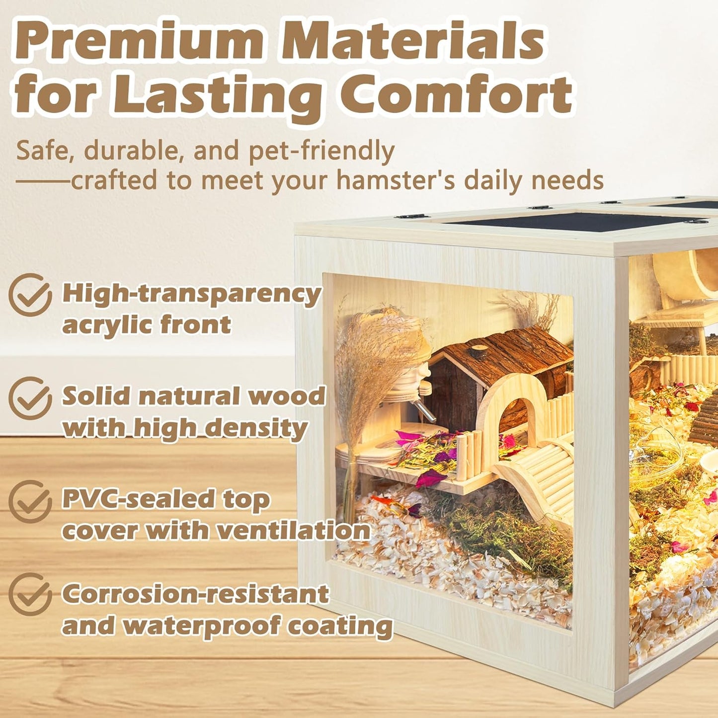 Prolee Hamster Cage Chew Proof Wood, Hamsters Enclosure Openable Top with Curved Design,Waterproof Small Animals Cage with Acrylic Sheets for Gerbils,Hamster Habitat(32 Inches)