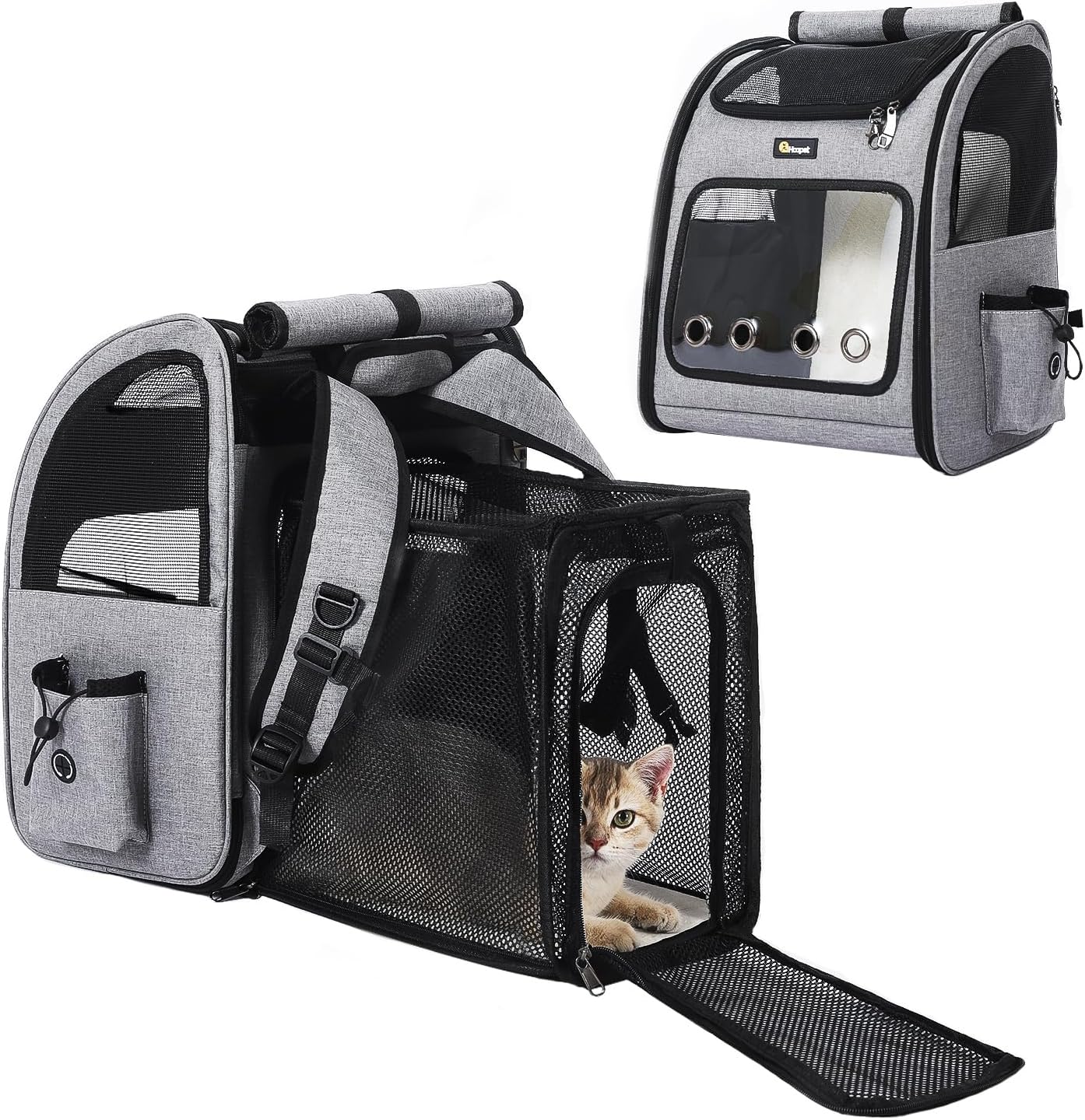 Hoopet Expandable Cat Backpack Carrier – Breathable Pet Carrier for Small Cats & Dogs, Foldable Travel Backpack with Mesh Ventilation for Hiking, Walking, Camping, Light Grey