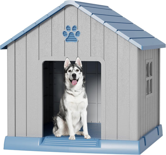 Large Dog House Outdoor Indoor for Medium Large Dogs, Durable Plastic Waterproof Doghouse with Air Vents and Elevated Floor, Easy Clean and Assemble (Blue, 37.2" L x 40" W x 40" H)