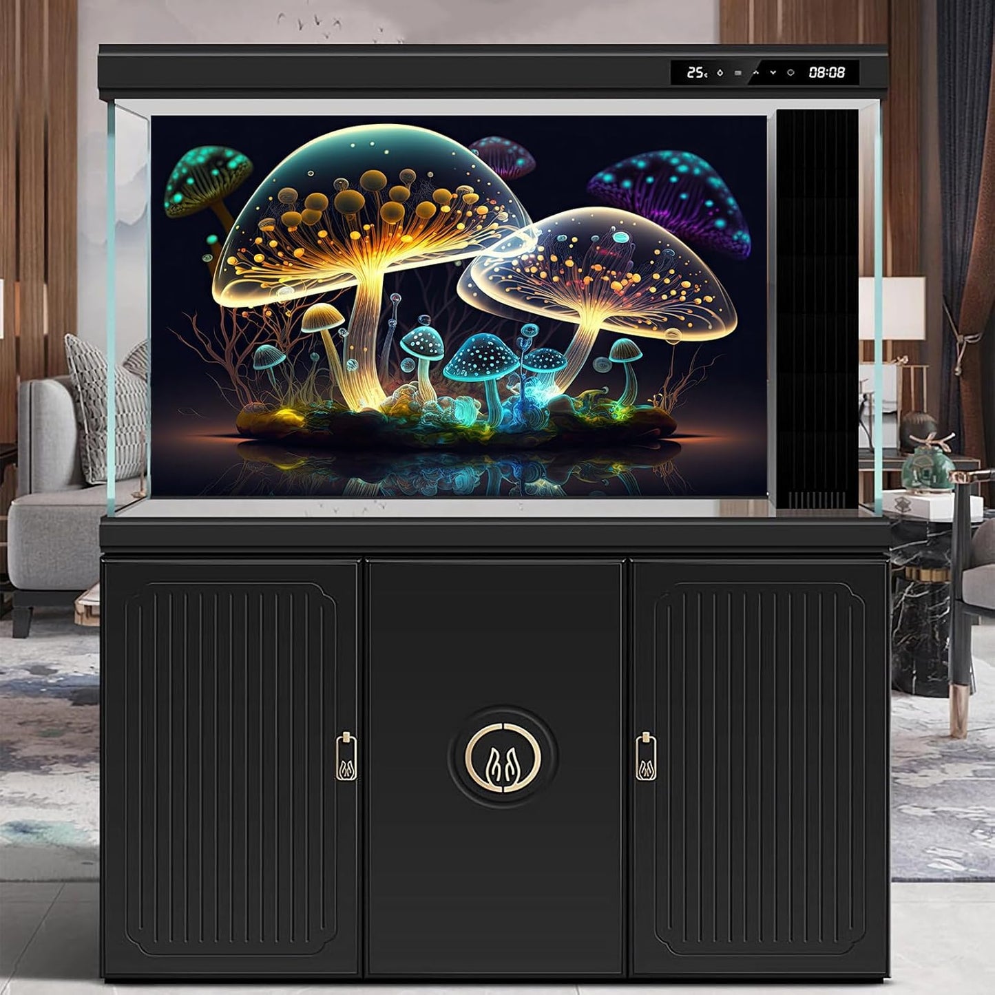 Mushroom Aquarium Background Abstract Glowing Fantasy Mushrooms Terrarium Background Mysterious Forest Magical Night In Circle Shape Crystal Glass Fish Tank Backdrop Decorations Vinyl 60x24in