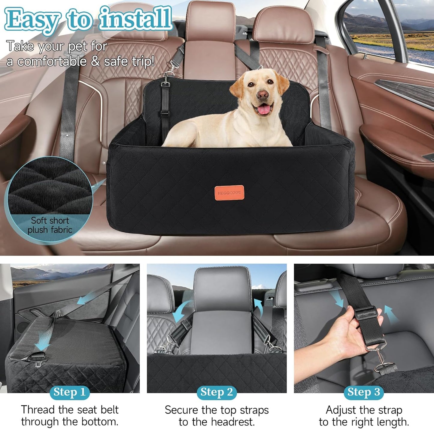 Dog Car Seat for Medium/Large Dogs, Pet Booster Seat for Under 55 lbs or 2 Small Dogs, Detachable & Washable Dog Car Bed for Backseat with 2 Safety Leashes(Black)
