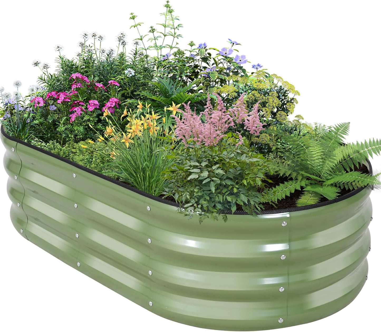 Galvanized Raised Garden Bed Outdoor - 4×2×1ft Planter Raised Beds for Gardening | Oval Metal Garden Planter Box with Safety Edging and Gloves for Vegetables Fruits and Flowers OliveGreen