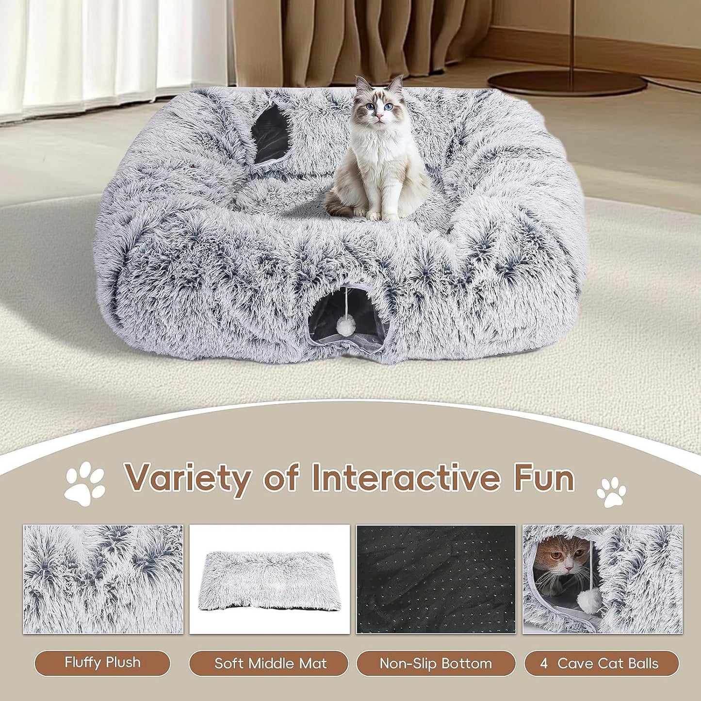 Extra Large Cat Tunnel Bed, 4 Ways Tunnels for Indoor Cats, Multi-cat Family Peekaboo Cave & Cat Bed, Plush Cat Donut with Washable Middle Mat, Exit Balls, Pet Play Toy for Kitten Puppy Rabbit