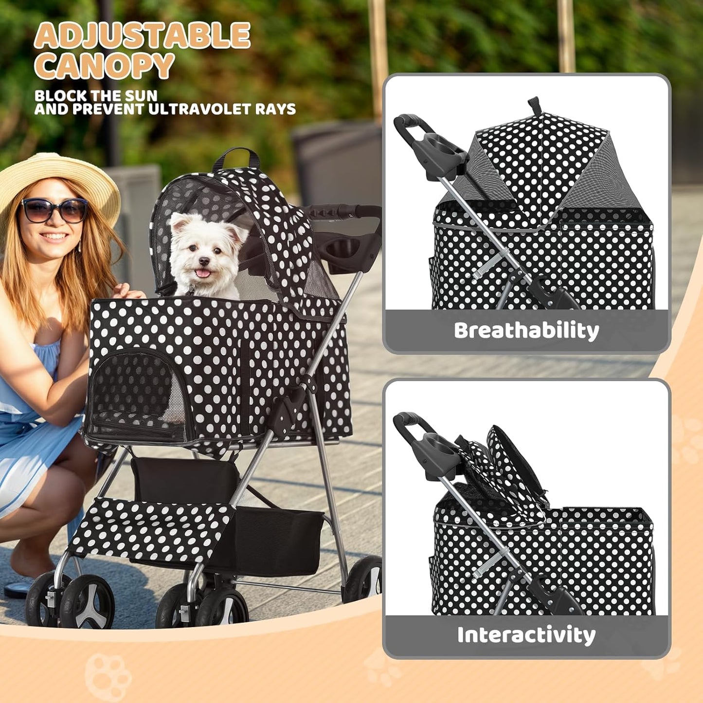 Magshion Foldable Pet Stroller, 3-in-1 Dog Travel Jogger with Detachable Carrier, Cup Holder, Storage Basket, Folding Carrier for Small/Medium Dogs & Cats Up to 33 lbs, Black Polka Dots