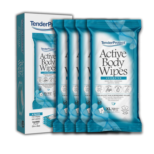 Active Body Wipes, XL Rinse-Free Shower Wipe for Adults, 9" x 12" Extra Large, Aloe, No Rinse Bath Wash Cloth - Gym, Sports, Travel, Camping, Elderly Care, Portable 12 Ct Packs (48 ct)