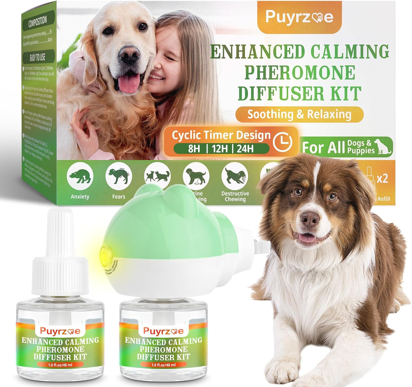 Dog Calming Diffuser with 3 Timing Functions, 3-in-1 Dog Anxiety Relief Diffuser Kit, 120-Day Anxiety Relief, Stress Relaxation Pheromones Calming for All Dogs (1 Diffusers + 2 Refills)