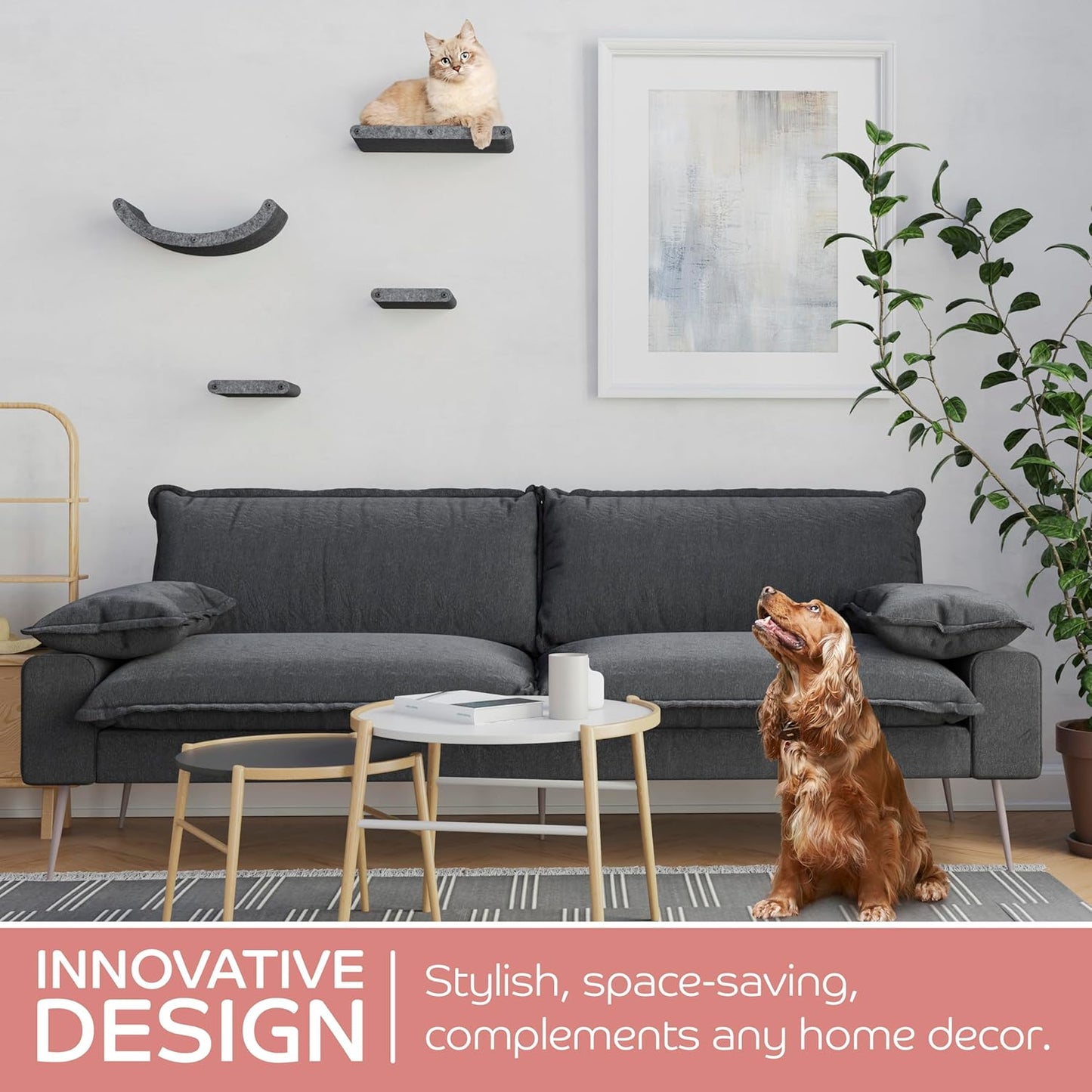 Wall Mounted Cat Steps Short Shelves (2) by Pryde Pets - Stairs for Walkways, 100% Sustainable PET Felt Feline Enrichment Climber Furniture for Indoor Cats, Modern Climbing Gym Design (Charcoal)