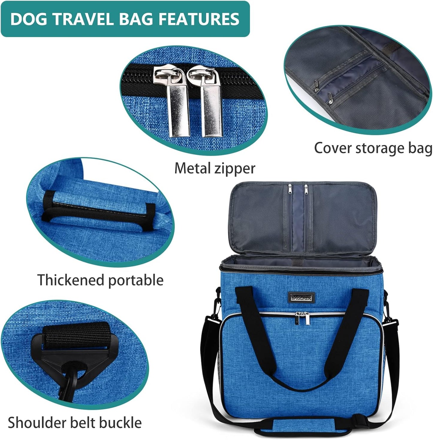 BAGLHER Dog Travel Bag, Pet Travel Bag (ALL Pet Travel Supplies), With 2 Pet Food Containers and 2 Collapsible Silicone Bowls; Essential Kits for Pet Travel Blue