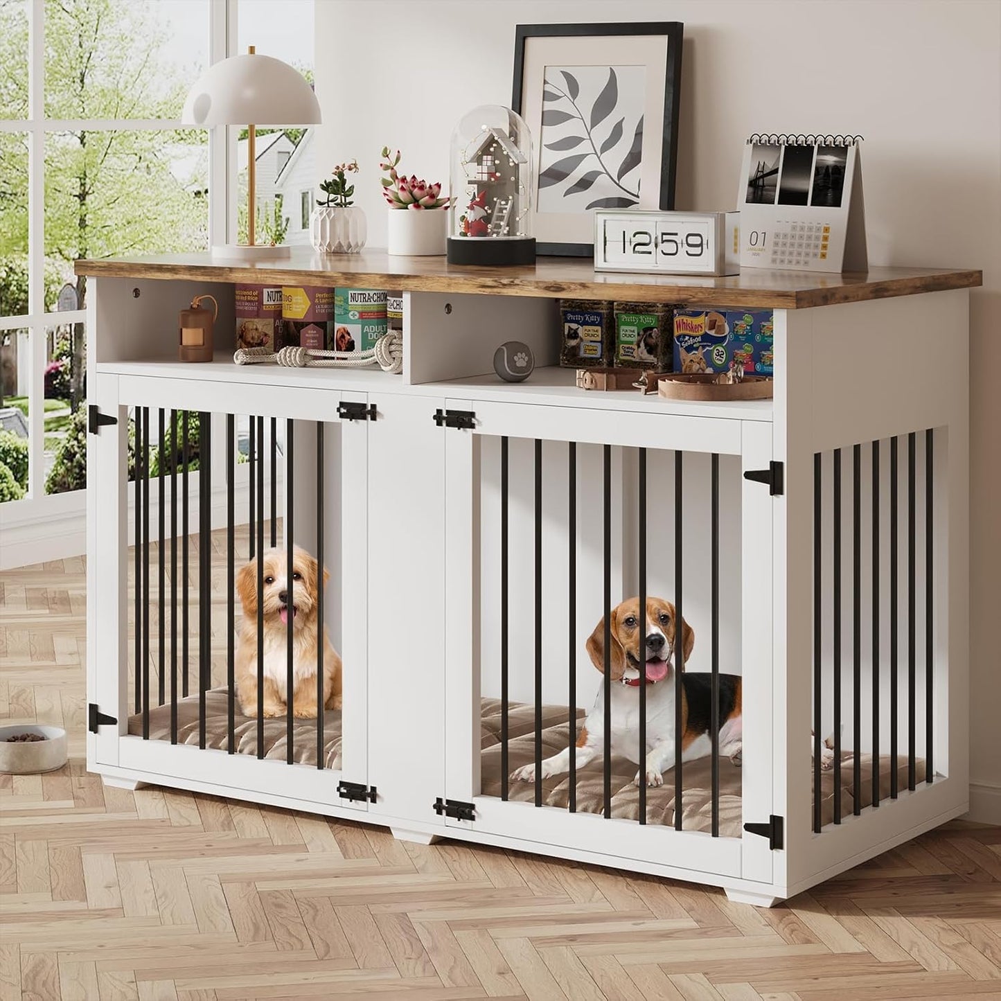 Dog Crate Furniture for 2 Dogs, 55 Inch Dog Crate Indoor with Removable Divider and Shelf Storage, Wooden Dog Crates for Medium/Large Dogs, White