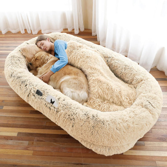 Human Dog Bed, 71''x45''x12'' Size Fits You and Pets, Washable Faux Fur Pet Bed for People Doze Off, Napping Orthopedic Dog Bed, Present Plump Pillow, Blanket, Strap - Beige