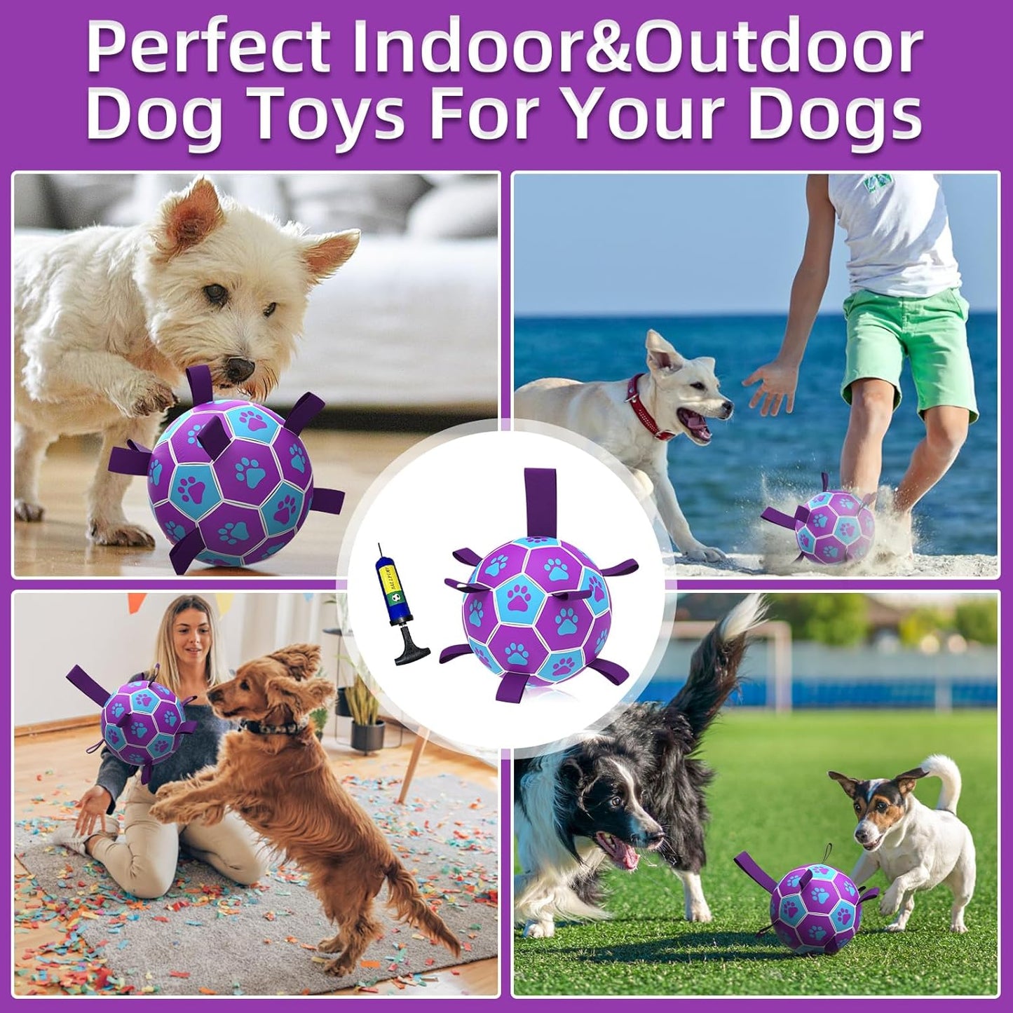 QDAN Dog Ropes Toys Soccer Ball with Straps, Puppy Birthday Gifts, Tug of Toy, Water Toy, Durable Balls for Dogs, Medium Small Breed, 6 Inch