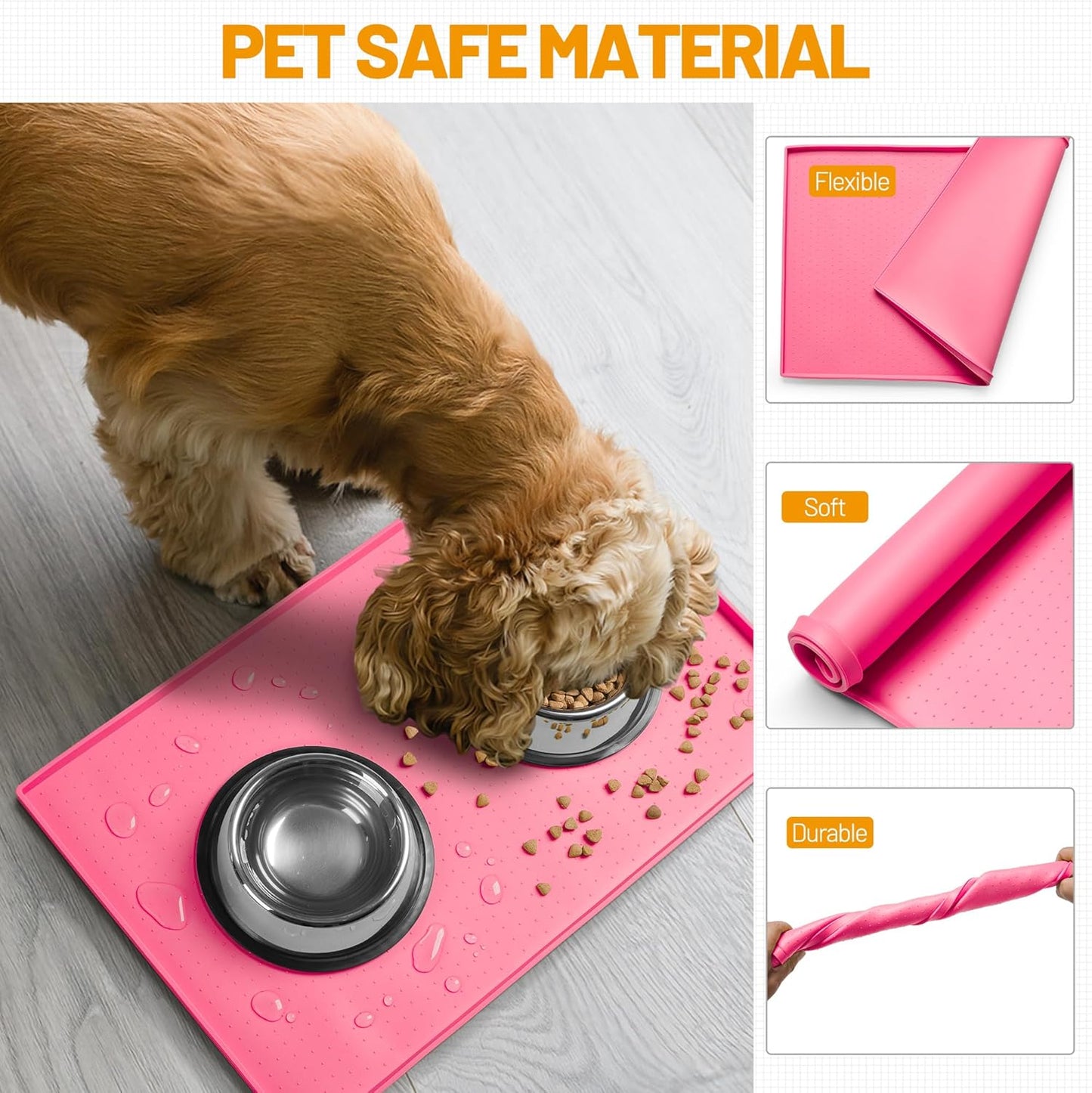 Hubulk Dog Feeding Mat,100% Waterproof Food Grade Silicone Pet Food and Water Bowl Placemat,Dishwasher, High Raised Edge to Prevent Spills,Nonslip Tray to Stop Messes on Floor (19"x12"x0.5", Pink)