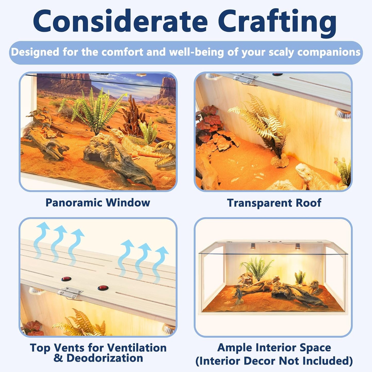 Prolee Bearded Dragon Tank, Reptile Enclosure, Snake Tank, Reptile Terrarium, Built-in Light Fixtures with Switch, (30 Gallon, 32" Long, Clear Acrylic Roof)