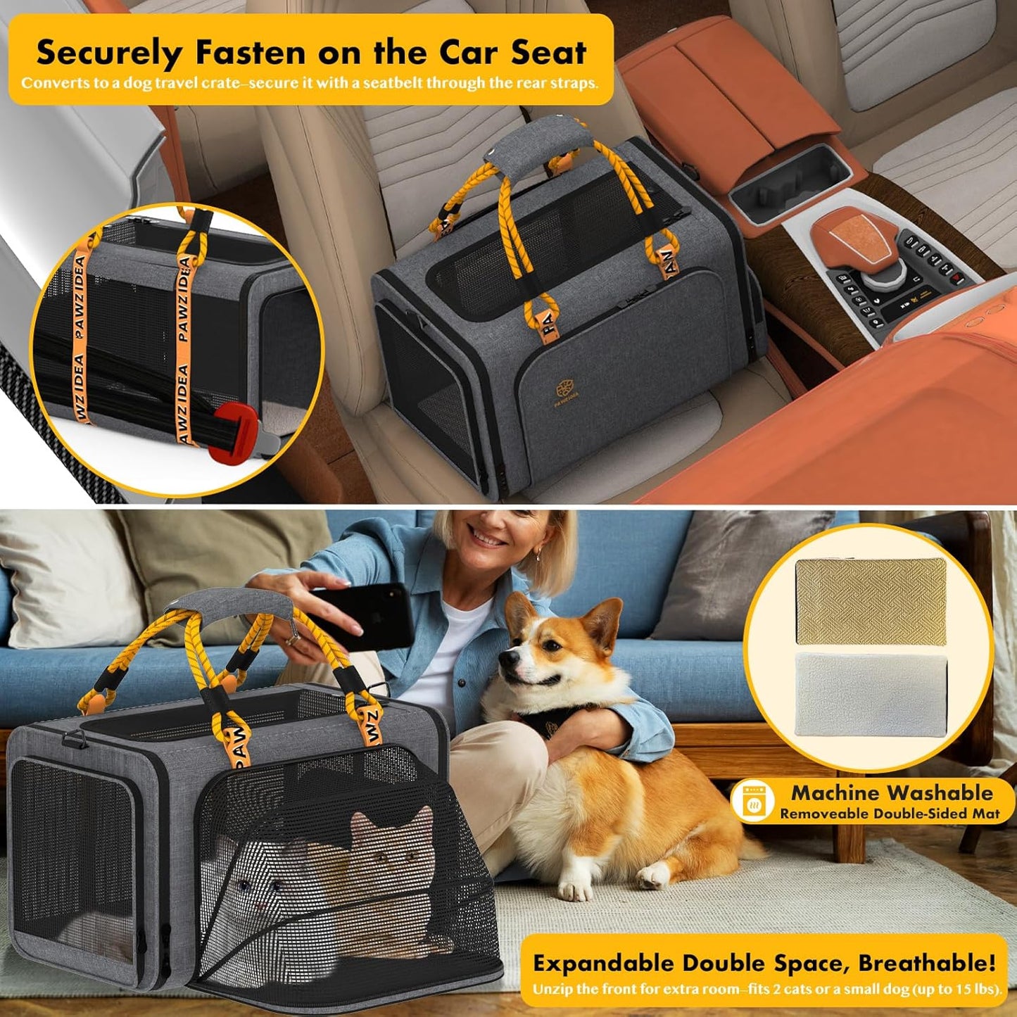 PAWZIDEA Pet Carrier with Wheels, 18x11x11 TSA Airline Approved Cat Carrier for 2 Cats Under Seat, Expandable Soft-Sided Dog Carrier for Small Dogs Rolling Travel Bag with Telescopic Handle, ID Card