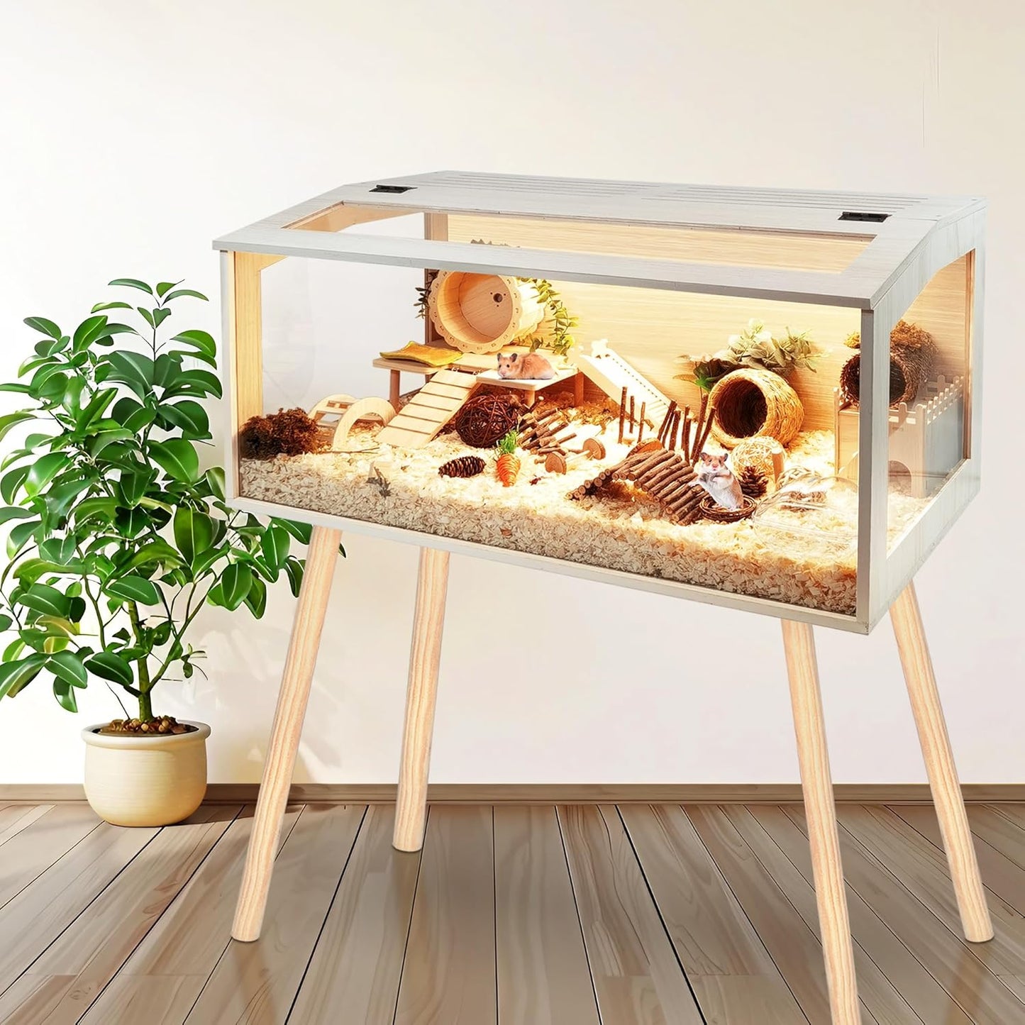 Prolee Hamster Cage Wooden Chew Proof, Extra Large Mice and Rat Habitat Openable Top with Acrylic Sheets Solid Built Small Animal Cage with Leg Stands, 48 Inch Long