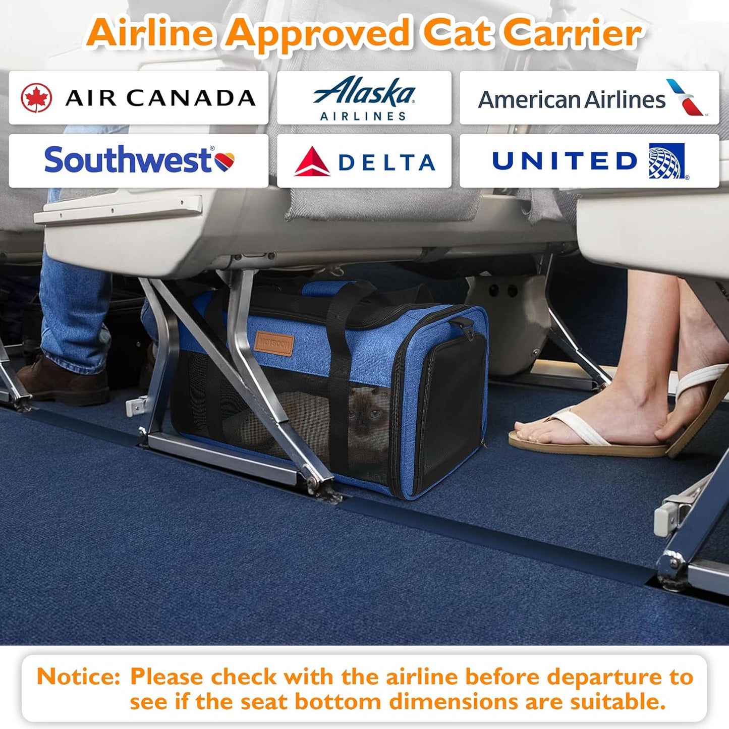 PETUX TSA Approved Pet Carrier in Cabin, 17"x11"x9.5" Soft Cat Carriers for Small Cats up to 12 lb, Top-Open Portable Dog Carrier with Litter Box and Anti-Scratch Mesh for Puppy up to 10 lb (Blue)