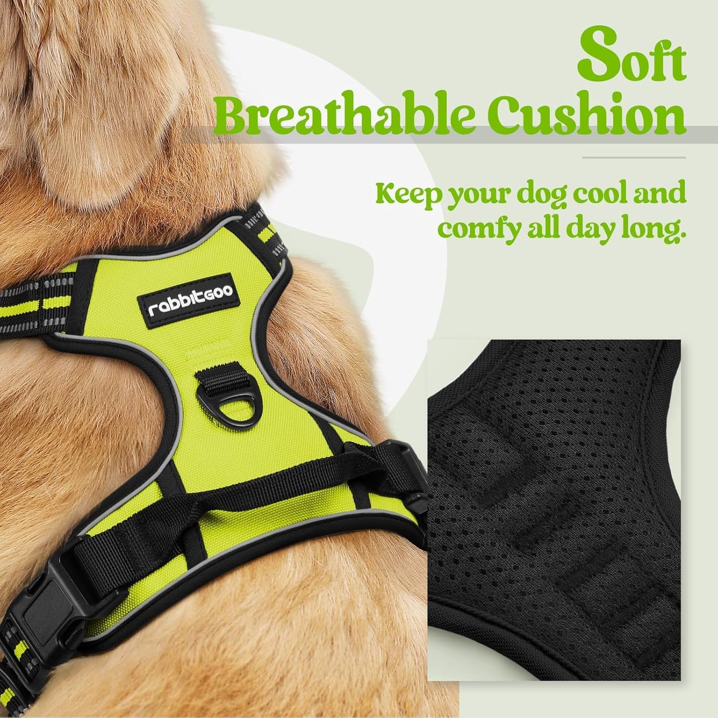 rabbitgoo Dog Harness No Pull with 2 Leash Clips, Adjustable Soft Padded, Reflective Oxford No Choke Pet Vest with Easy Control Handle for Large Dogs, Green, L