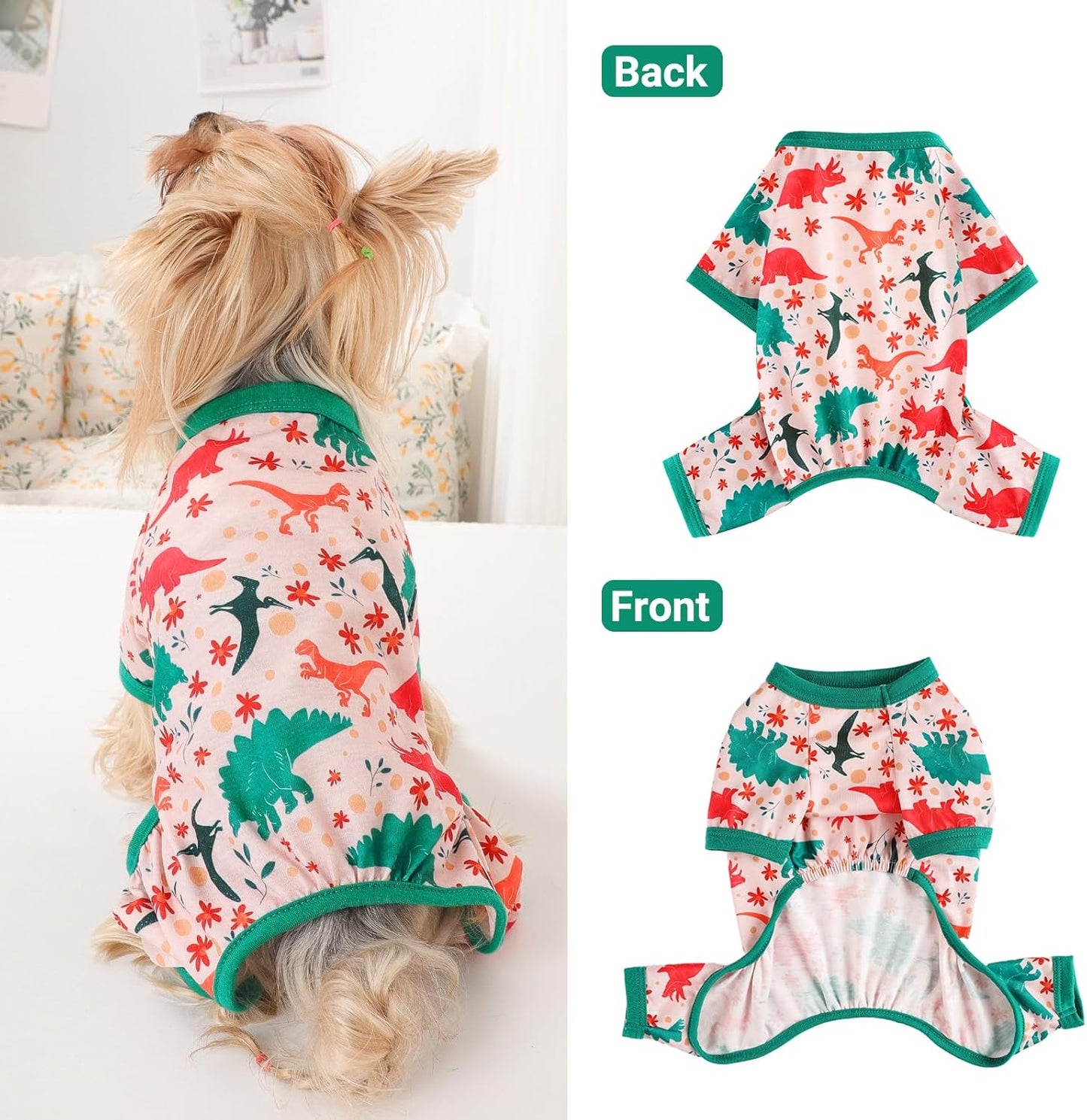Dog Pajamas Small Sized Dogs Stretchable Summer Dog Clothes Pjs 4 Legs Girl Boy Cute Soft Puppy Outfits Doggie Cat Jammies Jumpsuit Sleeper for Pet, Dinosaur, S