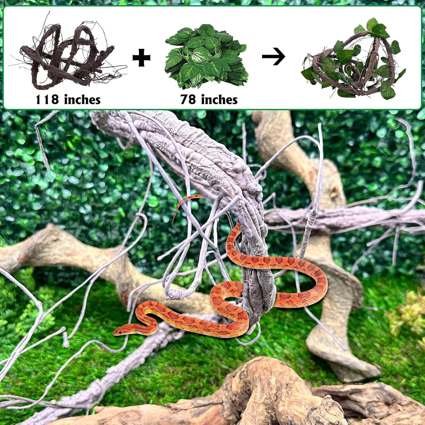 VCEPJH Large Reptile Vines Thick Terrarium Plants 118 Inches Long Flexible Climbing Branch Snake Tank Accessories Greenery Habitat Decor for Bearded Dragon Chameleon Gecko Frog Lizard (L)