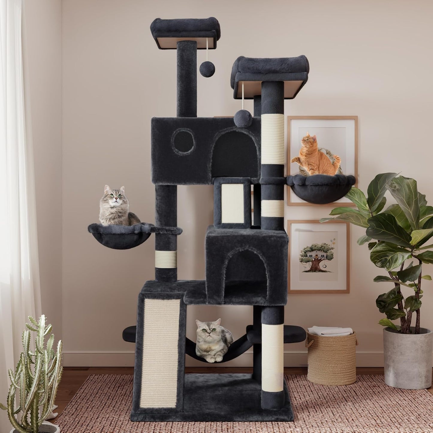 SHA CERLIN 65in Larger Cat Tree Tower Condo for Indoor Kitties/Multi-Level Furniture Activity Center with Wide Base/Cozy Plush Cat Perches/Baskets/Sisal Scratching Posts and Hammock/Dark Grey