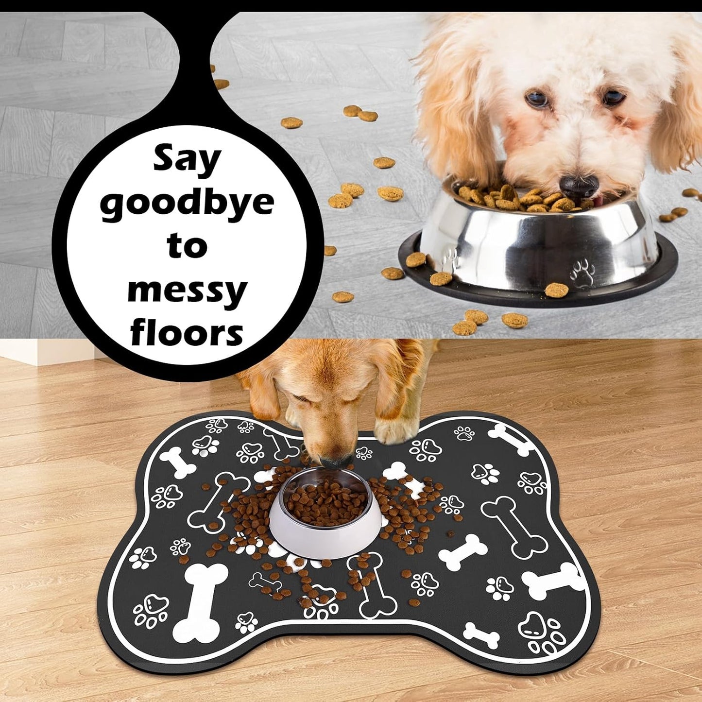 Dog Cat Food Mat,Rapid AbsorbentPet Feeding Mat, Bone Shaped Dog Placemat Water Bowl Mat with Rubber Backing,No Stains Dog Cat Food Mats Indoor, Pet Accessories Supplies 12""x18"" Black