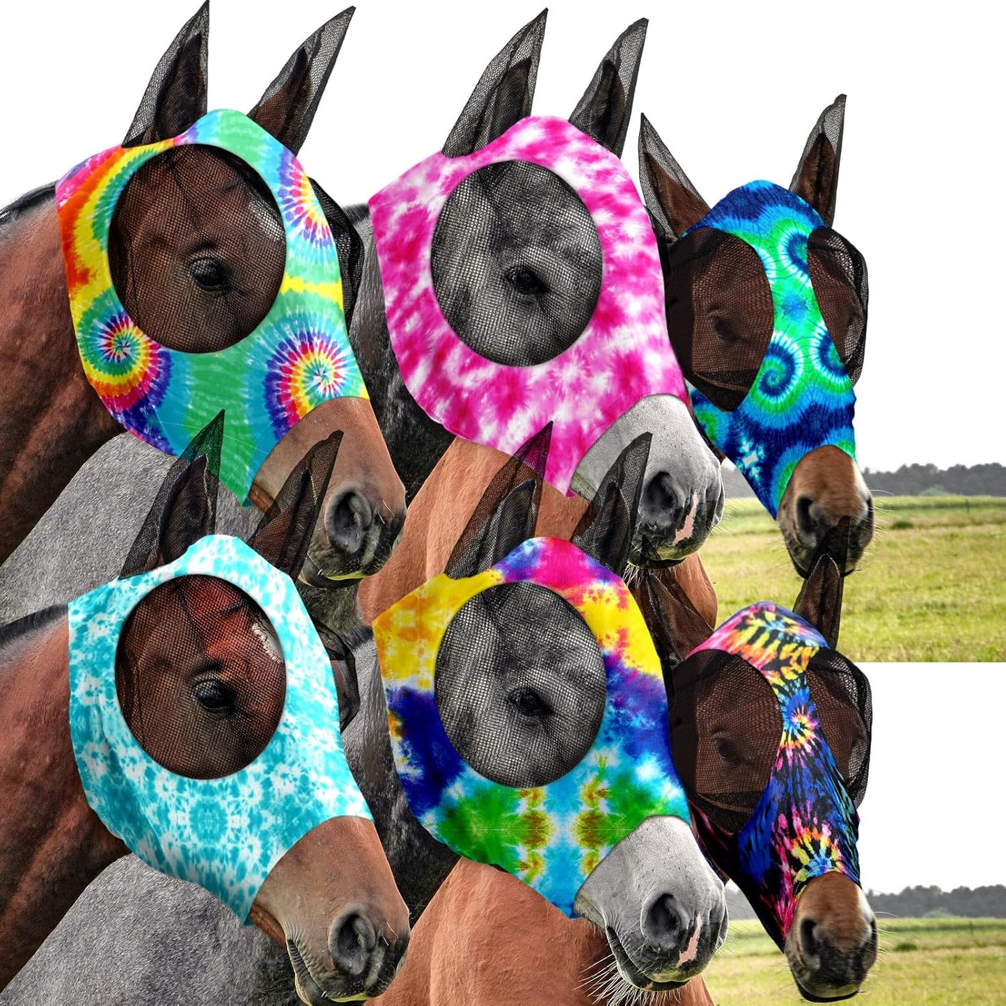 Chunful 6 Pcs Horse Fly Masks with Ears Smooth and Comfortable Cashel Mesh Fly Mask Elasticity Breathability UV Protection Horse Face Covering for Riding Supplies(Tie Dye,Medium)