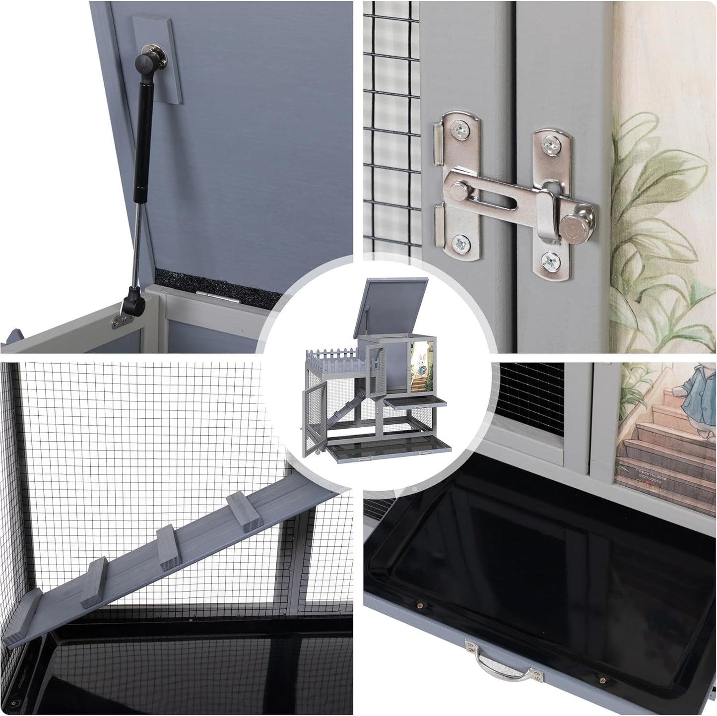 COZIWOW Double Layers Durable 38In Rabbit Hutch Indoor on Wheels, Small Animal Houses Habitat, Rolling Large Bunny Cage Outdoor with Removable Tray, Ramp, Two Story Bunny Cage（Grey with Pattern）